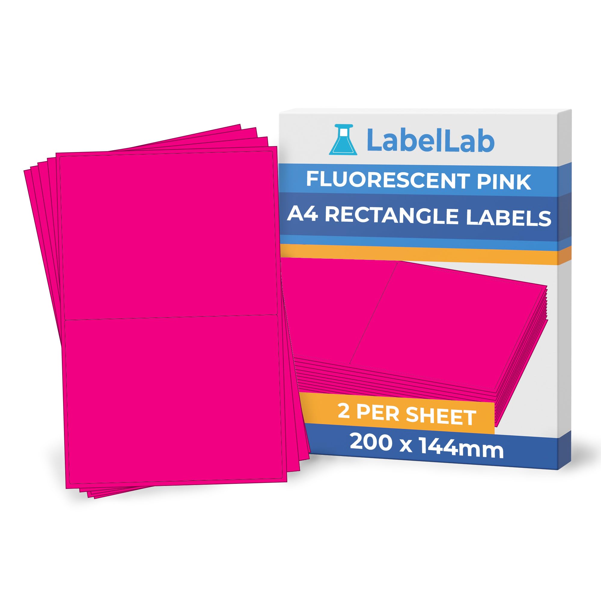 Fluorescent Pink A4 Rectangle Labels – Bright Coloured Printable Sheet Labels for Inkjet & Laser Printers, Permanent Adhesive – 2 Per Sheet (200 × 144 mm), 500 Sheets – LabelLab
