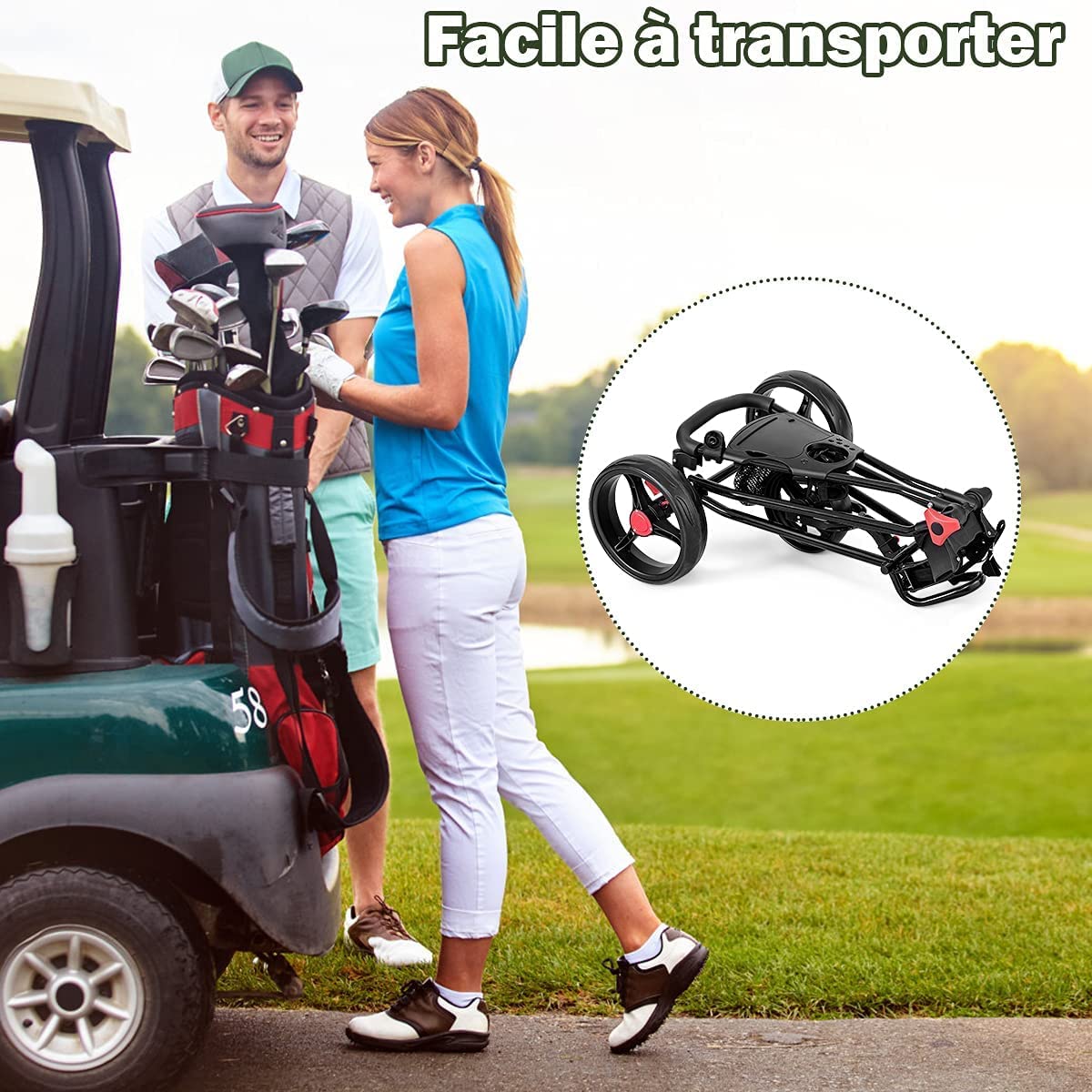 GYMAX Chariot de Golf à 3/4 Roues, Voiturette Golf Pliable avec Poignée Réglable et Sacs en Maille, Chariot de Golf Manuel avec Roues Amovibles avec Freins