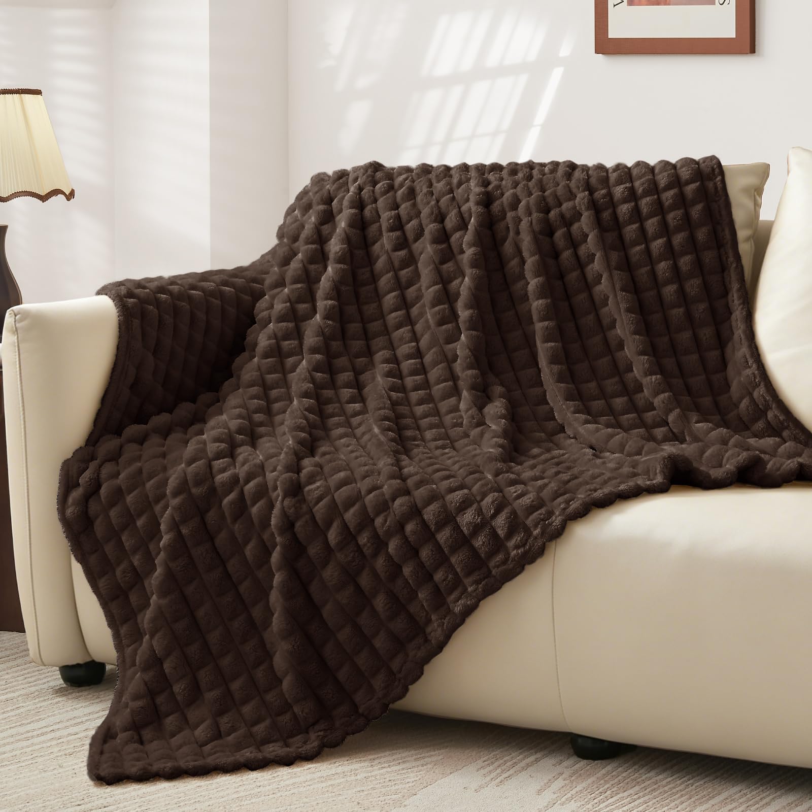 Bedelite Women's Brown Fluffy Fleece Twin Blanket - Couch Throw Checkered Design Soft Cosy Warm Blankets For Double Bed, Gifts For