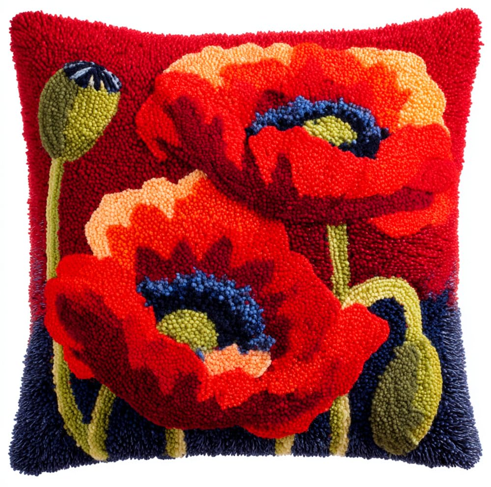 Latch Hook Cushion Kits For Adults, Poppy Flower Latch Hook Pillow Case Kits Embroidery Kits 17X17Inch, Diy Needlework Pillow Cover Sofa Cushion Rug Making Kits, Diy Craft Kits 43X43 Cm - St