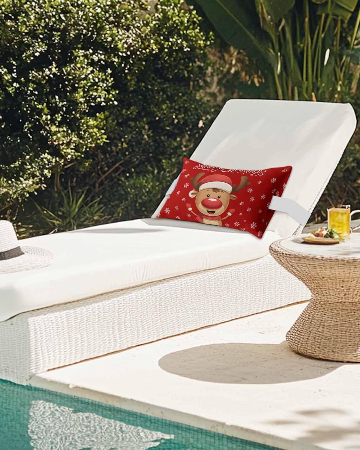 Pack of 2 Outdoor Lumbar Pillow Covers 11x16 Inch, Merry Christmas Waterproof Throw Pillow Covers Set, Red Winter Xmas Cartoon Deer Snowflake Indoor&Outdoor Cushion Cases for Patio Porch Beach