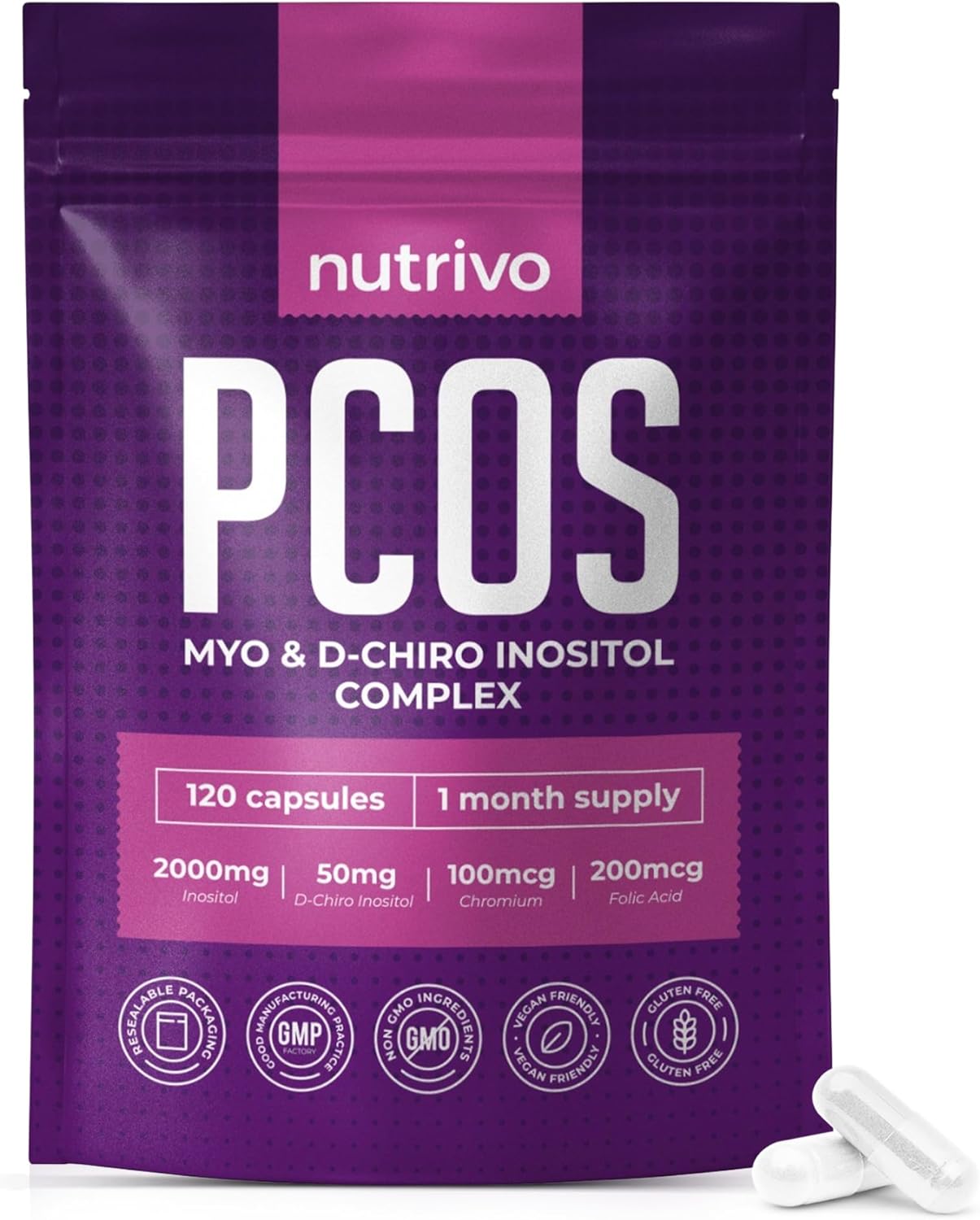 Myo Inositol & D Chiro Inositol – 120 Capsules | PCOS Supplement Supports Fertility, Weight Loss & Hormone Balance | Inositol 2000mg, D- Chiro Inositol, Folic Acid, Chromium | Alternative to Tablets