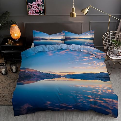 Juego de funda de edredón de agua de lago, tamaño matrimonial, juego de ropa de cama con estampado azul claro, funda de edredón de microfibra suave