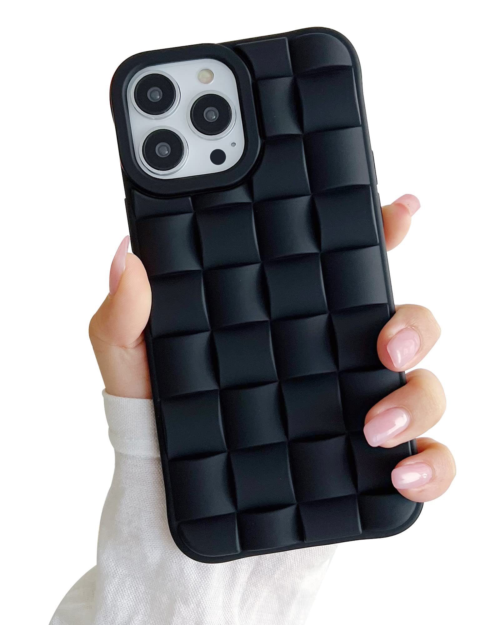 Ginkgonut Compatible with iPhone 15 Pro Case for Women/Girls, Cute 3D Laid Desgin Soft Silicone Shockproof Raised Bumper Corners Case for iPhone 15 Pro（Black）