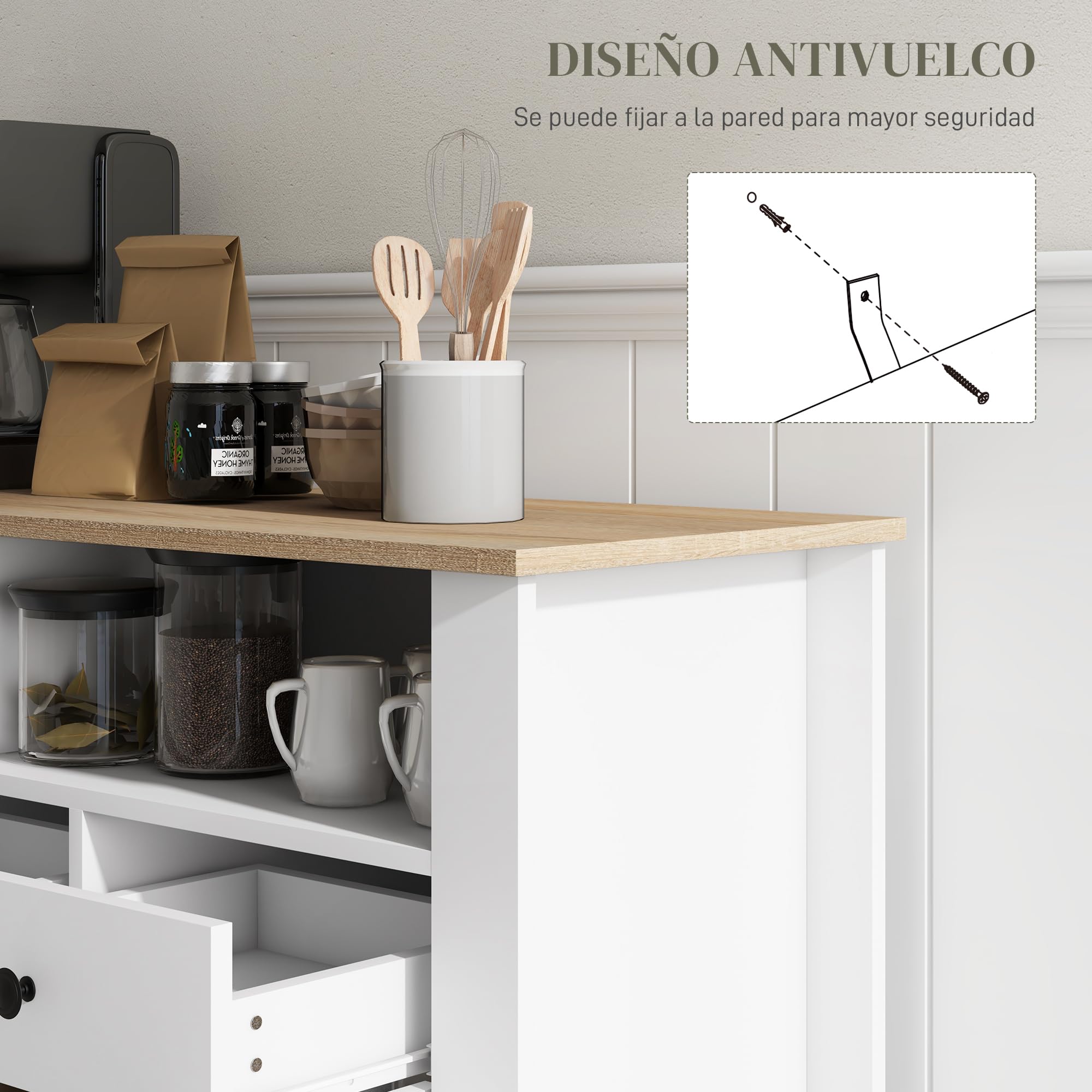 HOMCOM Aparador de Cocina Moderno 2 Puertas 120x38x81,5 cm Blanco y Roble | Mesa para Televisores de 50 Pulgadas, 3 Cajones, 2 Estantes Abiertas, 2 Estantes Regulables