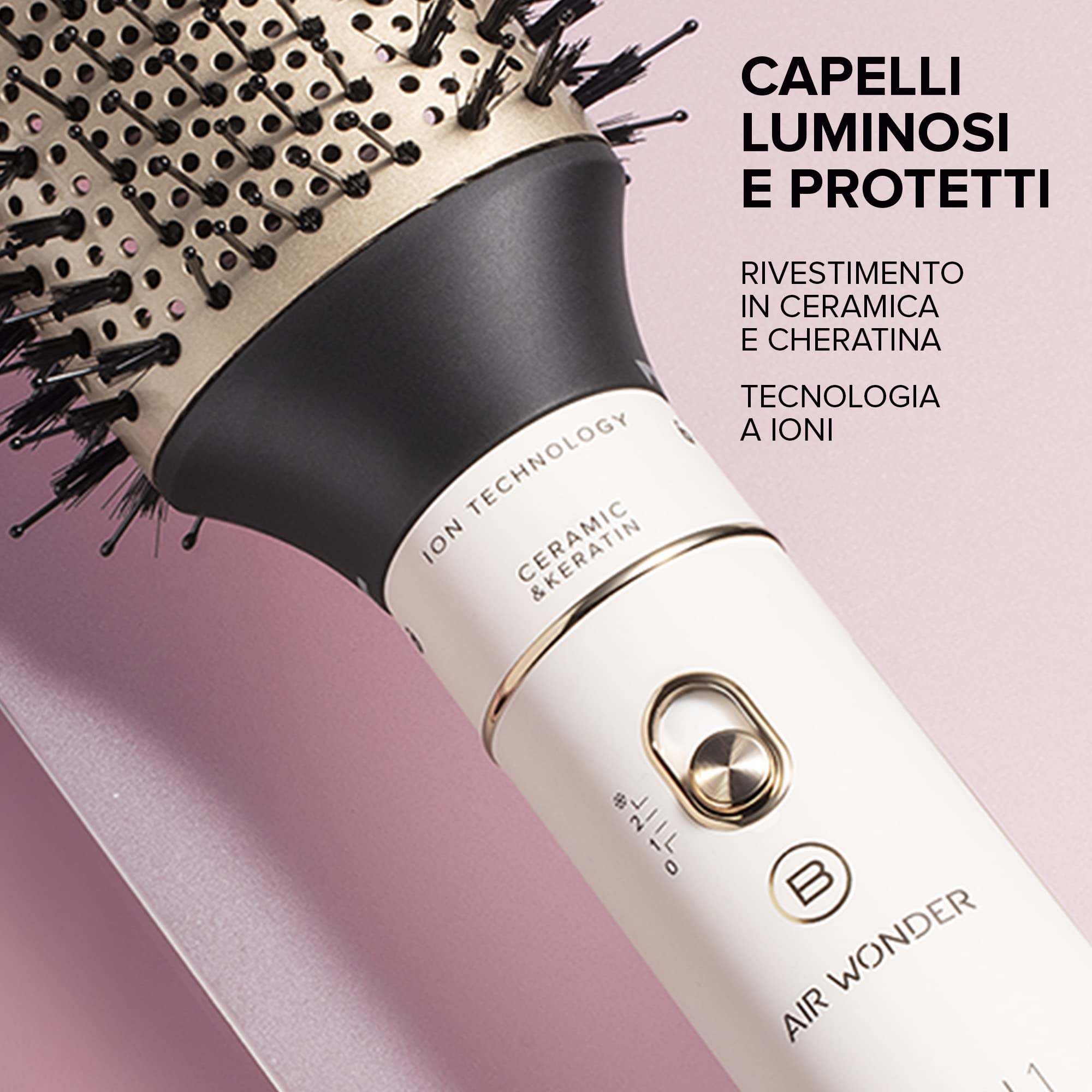 Bellissima Imetec Air Wonder, Spazzola Ad Aria Calda, Tecnologia a Ioni, Spazzole Rivestite In Ceramica e Cheratina, Asciuga, Dona Volume, 8 Accessori, 1000 W, bianco