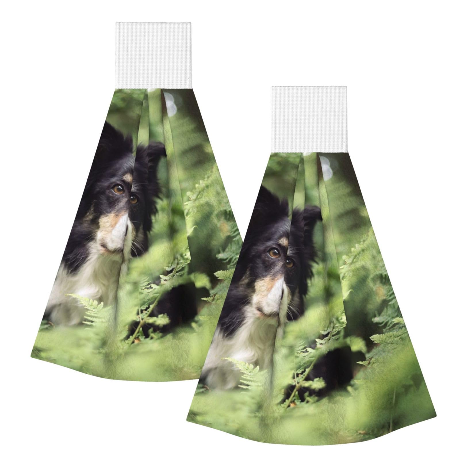 DOPKLNA Border Collie Dogs Bokeh Pets Black White, 2 Pcs Hanging Coral Fiber Hand Towels for Bathroom, Absorbent Kitchen Towels