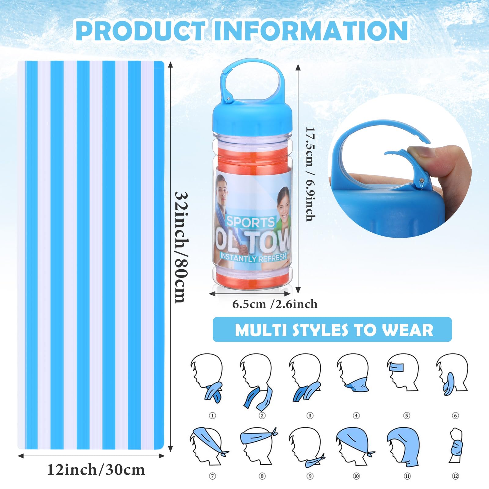 Paquete de 12 Toallas refrescantes de 81 x 30 cm para Cuello y Cara,de Microfibra,Transpirables,Suaves y frías,Ideales para el Deporte,el Gimnasio y el Entrenamiento.