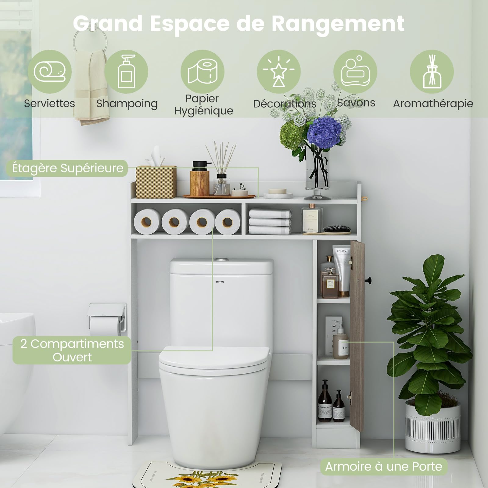 COSTWAY Meuble WC au-Dessus de Toilettes, Meuble de Salle de Bain avec 2 Compartiments et 1 Placard de Rangement avec Étagères Réglables, Dispositif Anti-basculement, 18 x 88 x 100 cm (Blanc)