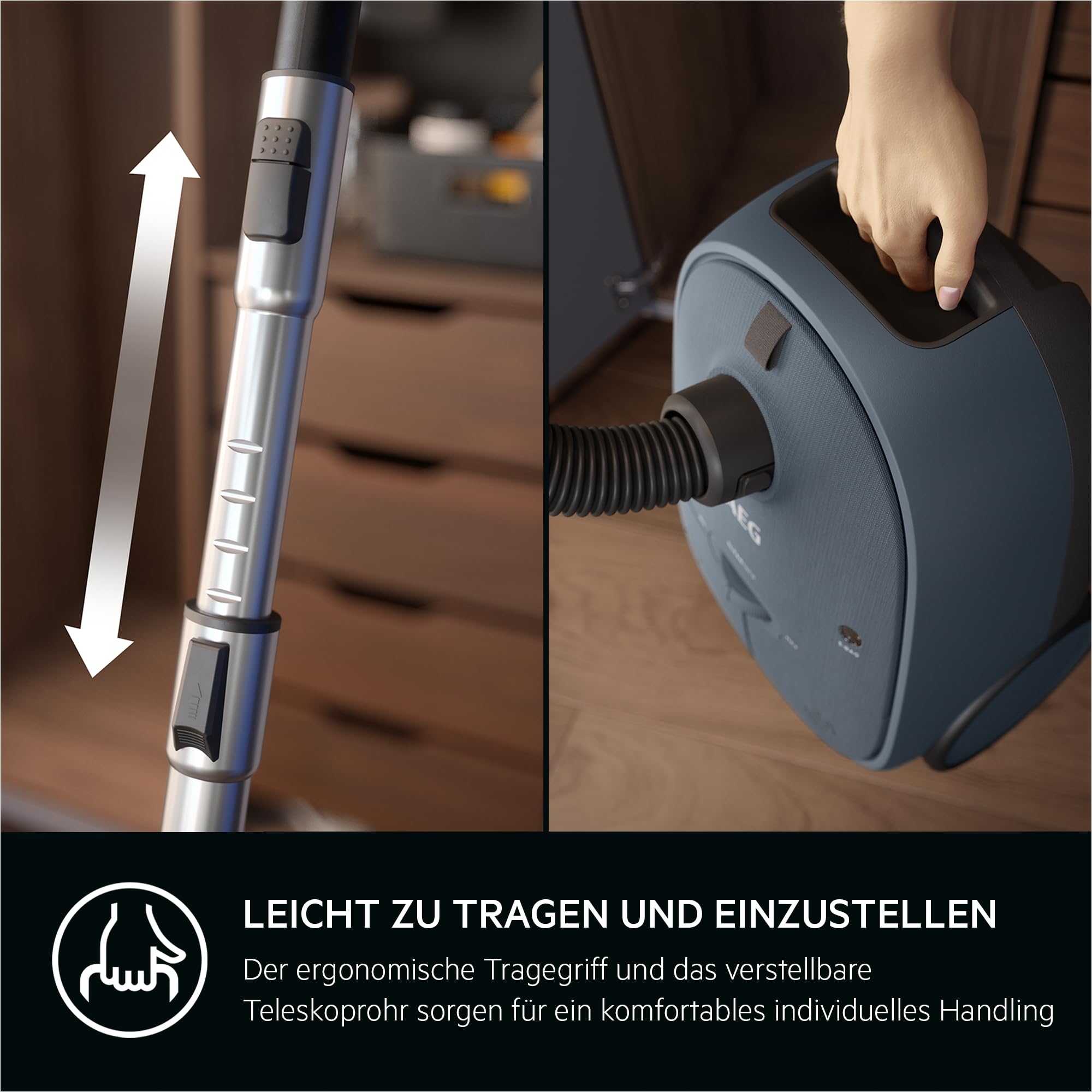 AEG CLEAN 6000 Staubsauger mit Beutel, Hohe Saugleistung, inkl. Zusatzdüsen, 55 % Recyclingkunststoff, für Haustierbesitzer, Reinigen von Polstern, 12 m Aktionsradius, 850 W, Blau, AB61C2DBS