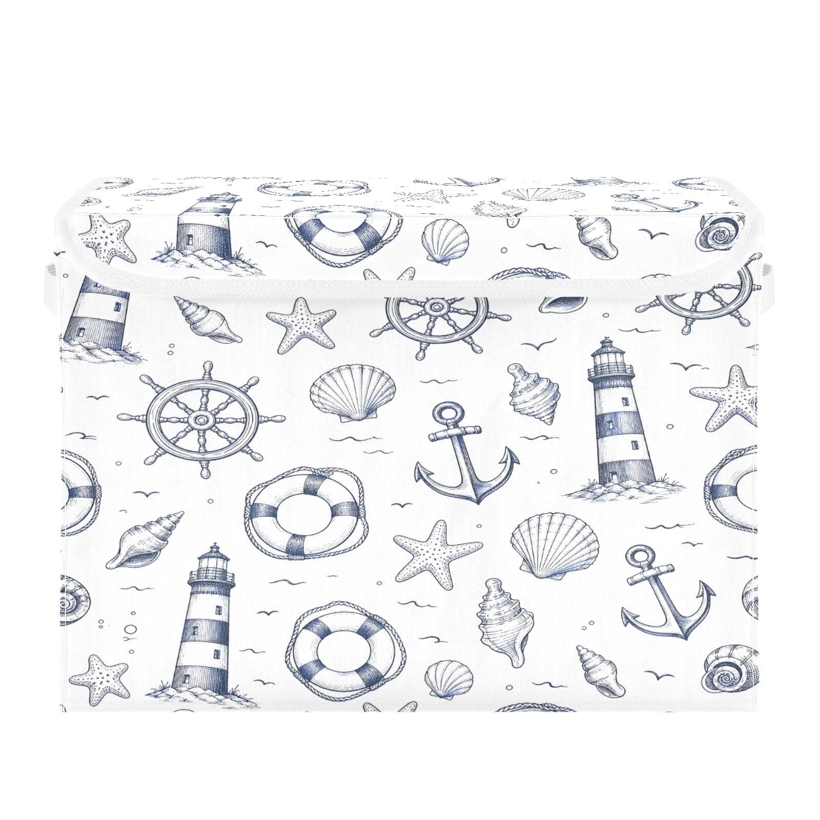 Ewusp Lighthouse Boat Fabric Storage Bin with Lid, Decorative Foldable Storage Basket with Handles, Stackable Closet Shelf Organiser Box for Clothes, Books, Bedroom, Living Room