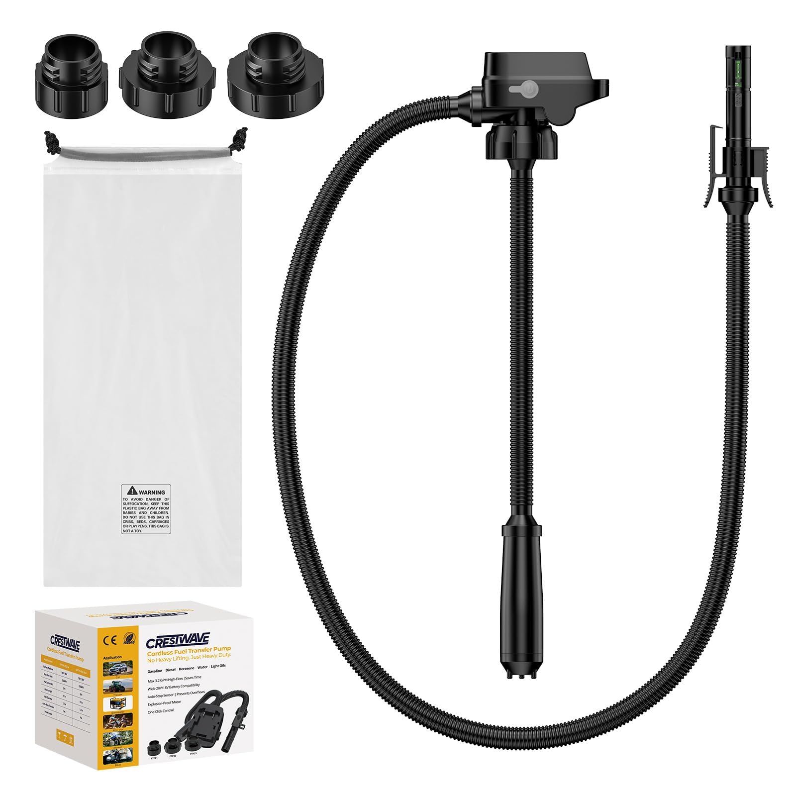 Photo 1 of CrestWave Cordless Fuel Transfer Pump Compatible with DeWalt 20V & Milwaukee 18V Batteries,3.2 GPM Auto-Stop Gas Can Pump, 41" Hose, 4 Adapters, Storage Bag, for Gas, Gasoline, Diesel, Kerosene