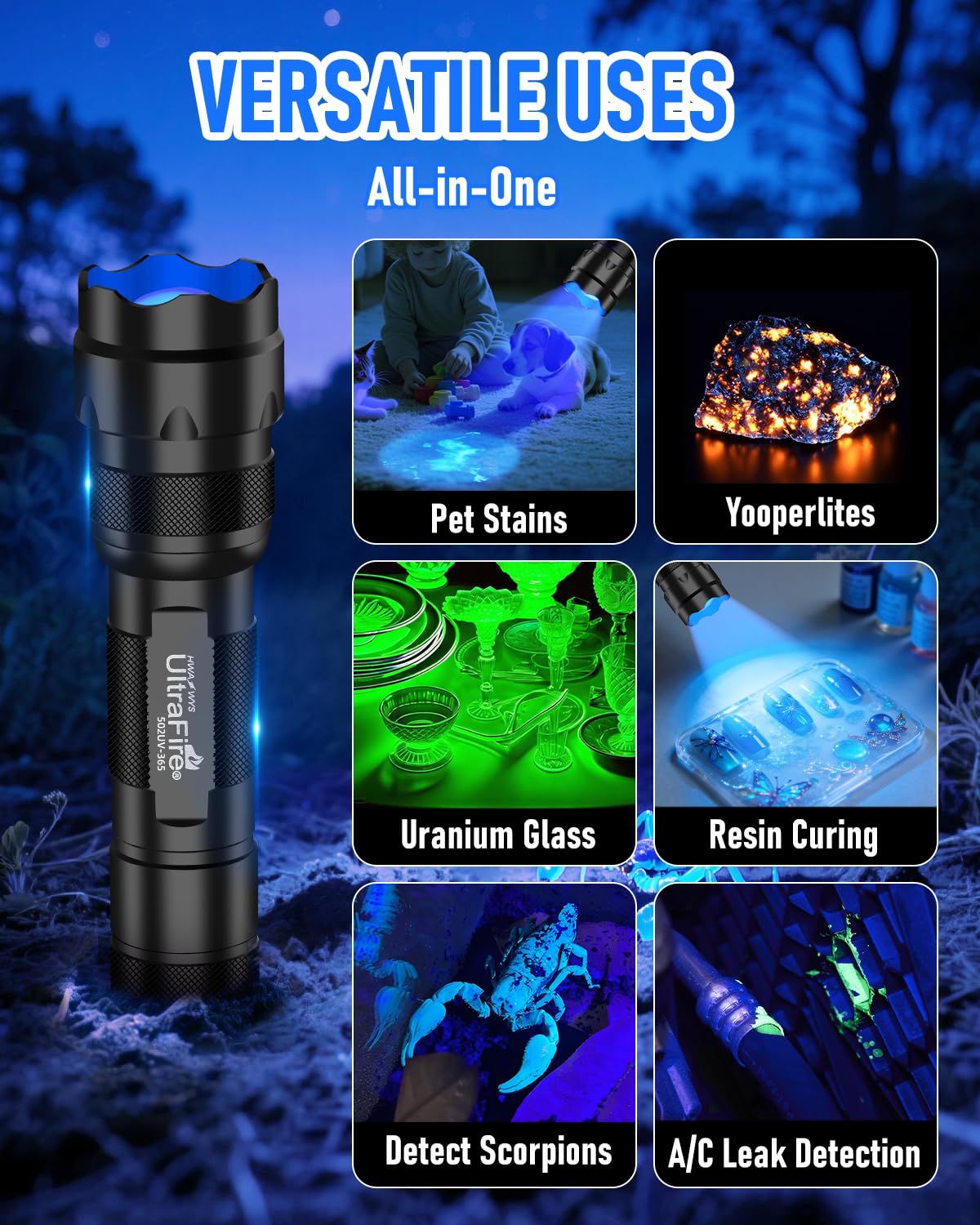 ULTRAFIRE UV Flashlight 365nm Black Light Flashlight – High Power 365 nm Blacklight Pet Urine Detector UV Light for Resin Curing Scorpion Yooperlite Rocks Minerals Uranium Glass