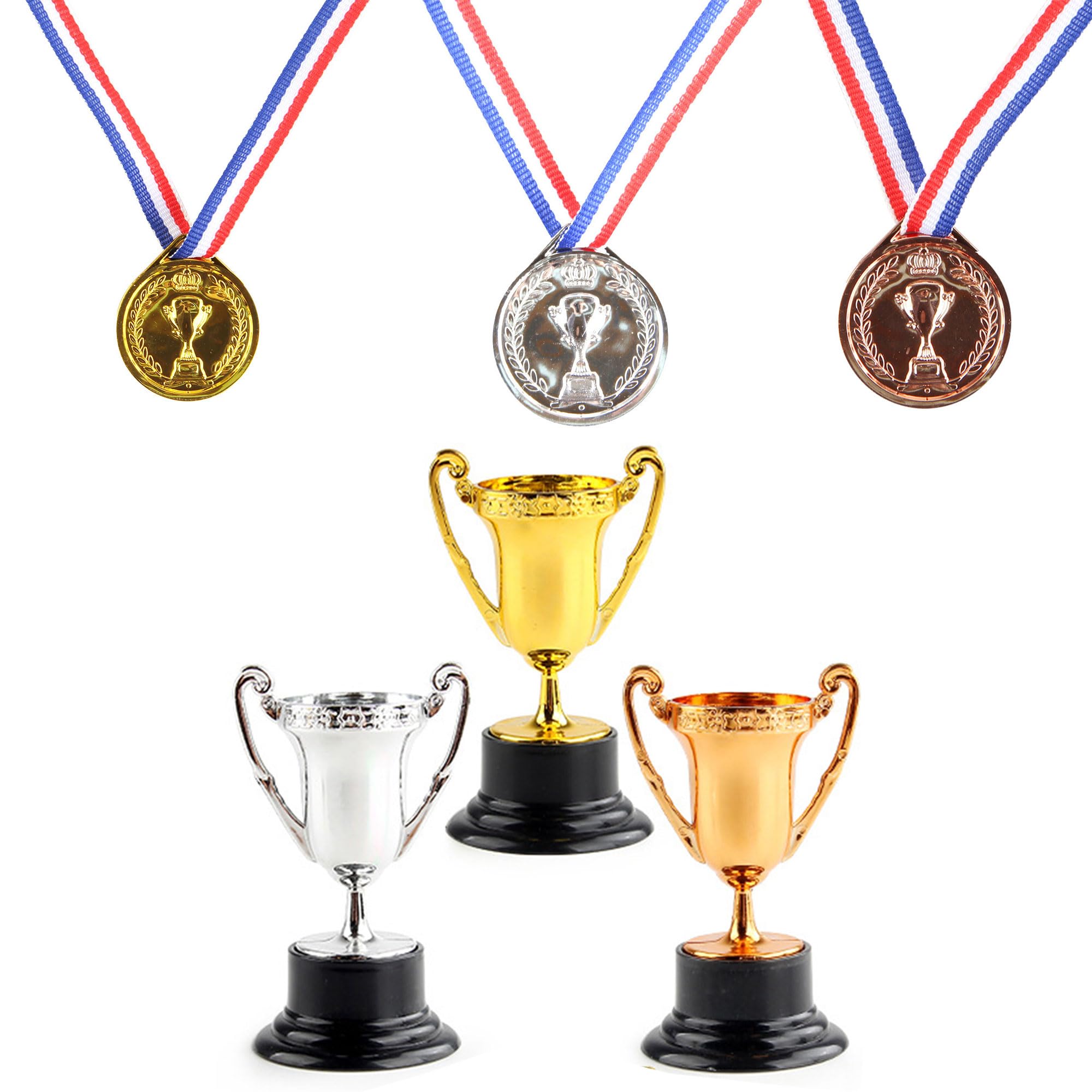6-częściowy zestaw medali trofea złote mini trofea zwycięzca medale plastikowe trofeum mini złote trofea odpowiednie na przyjęcia urodzinowe, imprezy sportowe do szkoły