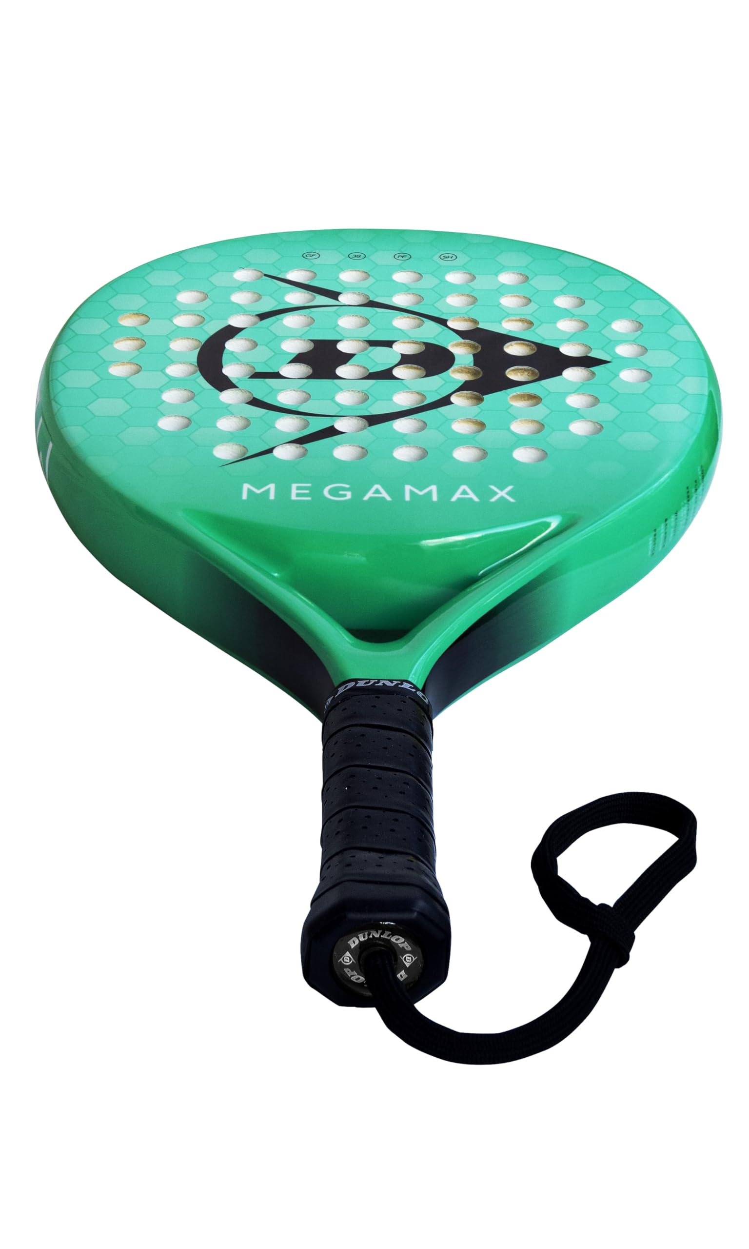DUNLOP Raquette de Padel Megamax Argent/Noir/Vert – Forme Ronde, Cadre en Graphite – Équilibre Moyen, Noyau Pro EVA – pour Débutants
