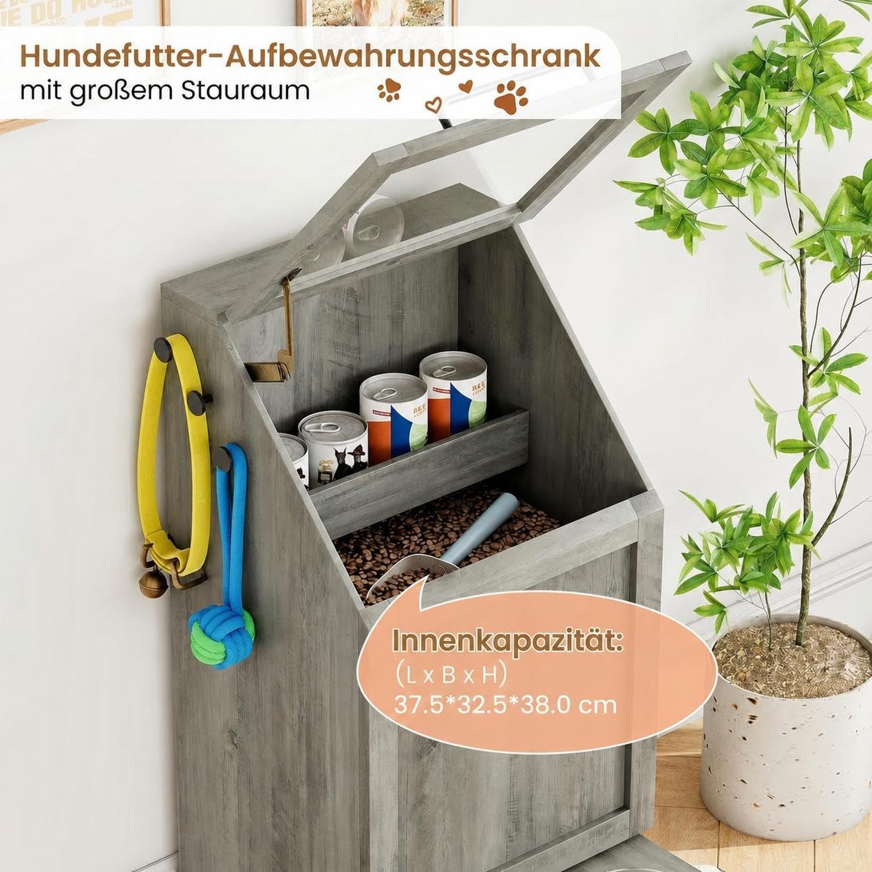 Hundefutterbox mit Klappdeckel - Futterschrank Hund mit Stauraum, Große Futteraufbewahrung für Hunde, Luftdichte Futterbox für Trockenfutter, Vorratsschrank Hundefutter weiß，90 x 43 x 35 cm