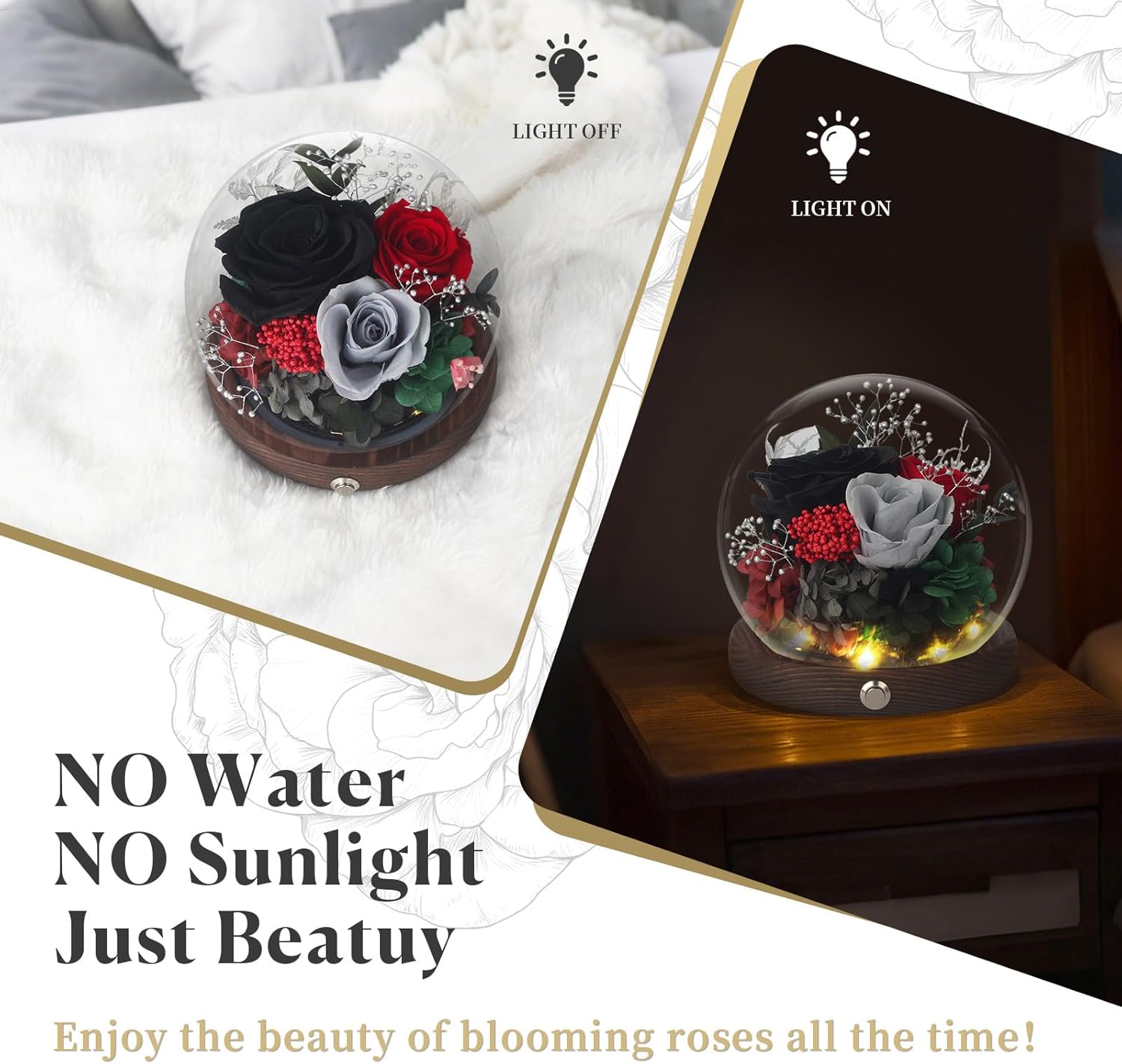 Forever Rose Birthday Gift for Her – Preserved Roses in Glass Dome with LED, Eternal Flowers for Wife, Girlfriend, Mom – Midnight Black - Image 5