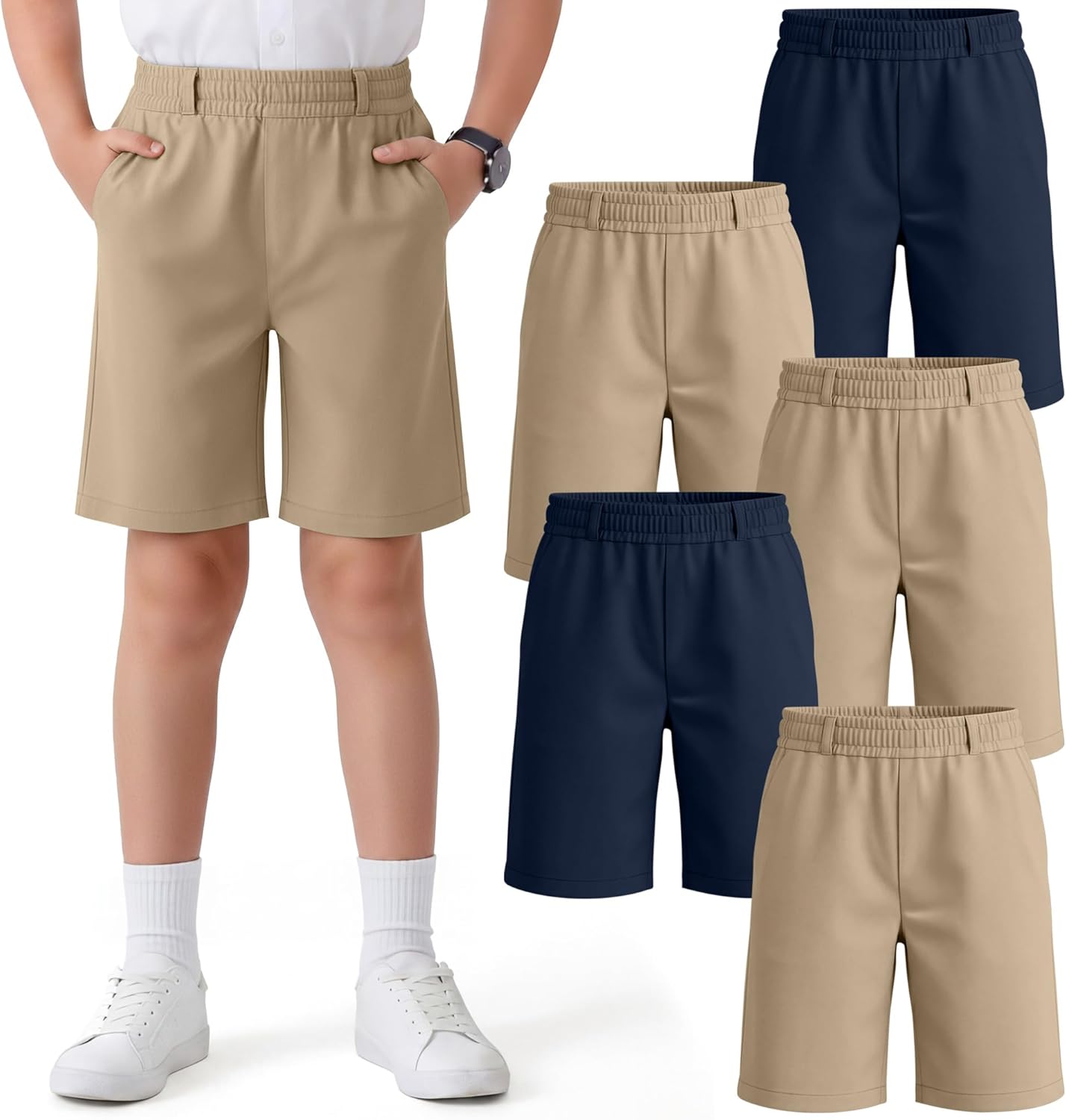 5 Pack Boys' School Uniform Shorts Kids Elastic Waist Flat Front Khaki Shorts with Pockets Summer Casual Pull on