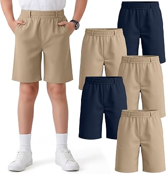 5 Pack Boys School Uniform Shorts Kids Elastic Waist Flat Front Khaki Shorts with Pockets Summer Casual Pull on