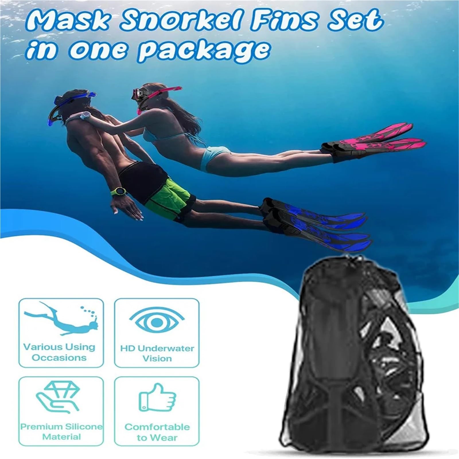 Tauchmasken Vollgesichtsmaske Maske Flossen Schnorchel Set Schnorchelausrüstung mit Panoramablick Antibeschlagmaske Trek Fins Dry Top Schnorchel