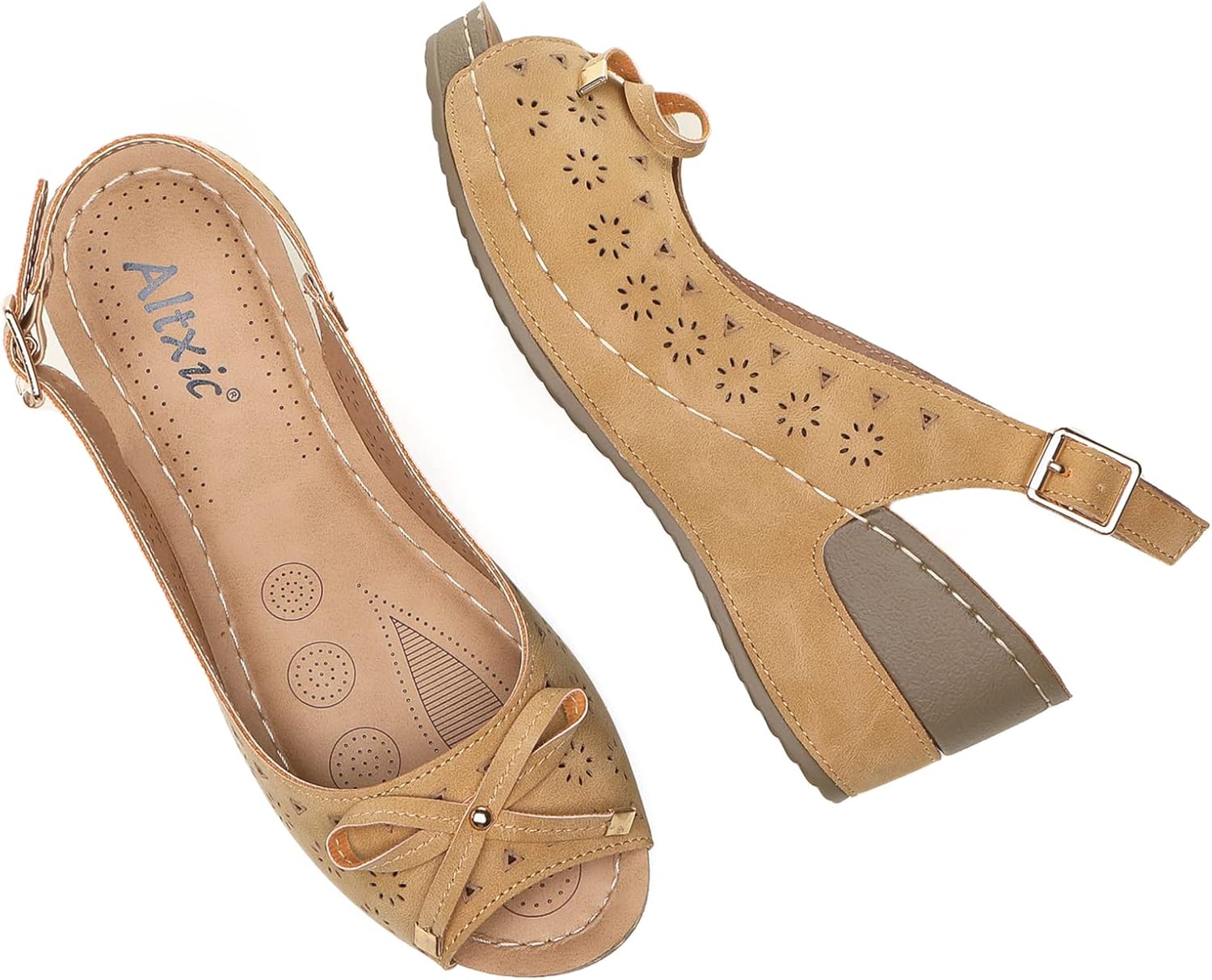 Altxic Women's Peep Toe Bow Hollow Out Slingback Platform Wedge Sandals Perforated Brown 9 US - Image 7