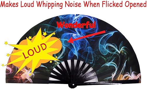 Miniatura 3 de Amajiji Abanicos plegables grandes, accesorios de festival rave para mujeres y hombres, bambú chinojaponés y tela de nailon, ventilador de mano,