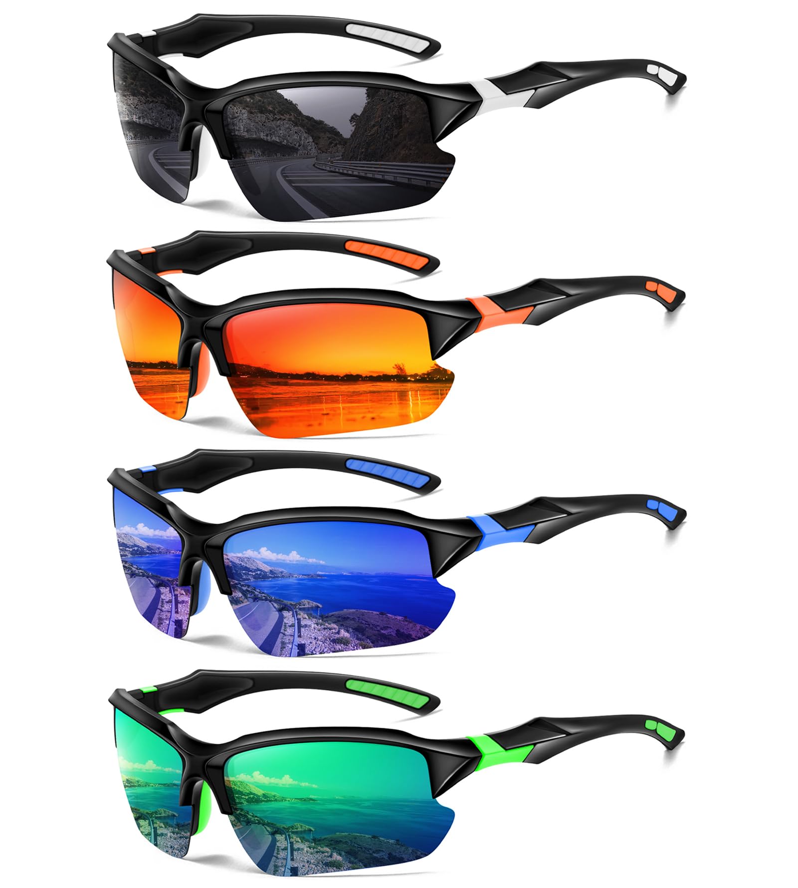 DioKiw Polarisierte Sport-Sonnenbrille für Herren, Radfahren, UV-Schutz, leicht, halber Rahmen, 4 Stück