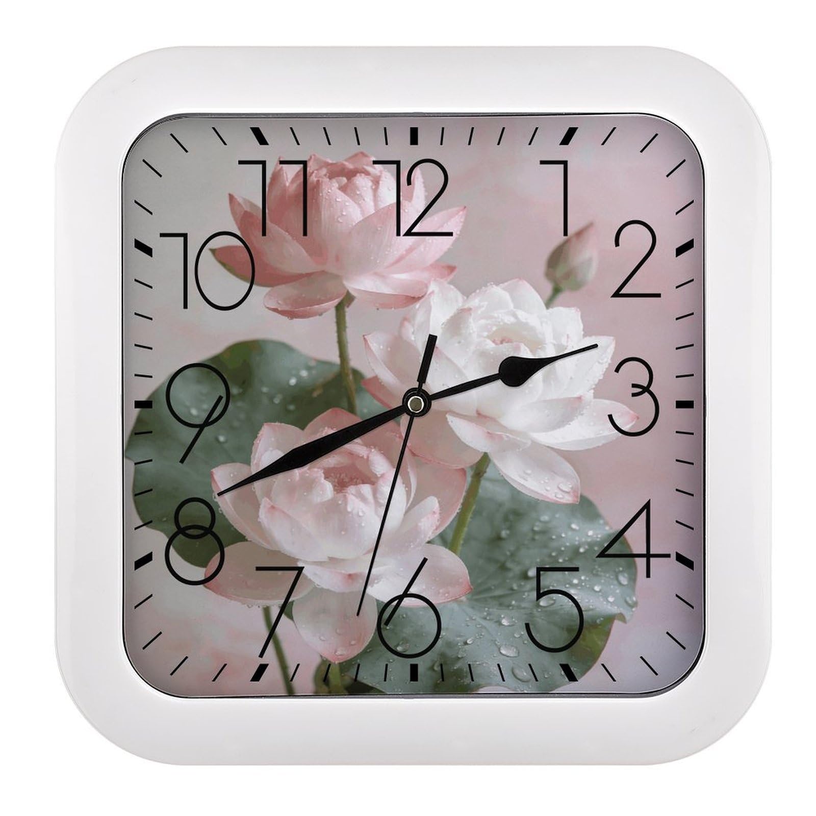 Fodpand Style Lotus Floral Wall Clock,Battery Operated Modern Retro Rounded Square Clock Clock For Bedroom Living Room Office Home Gym Porch Decor Indoor Outdoor 10.2 * 10.2In