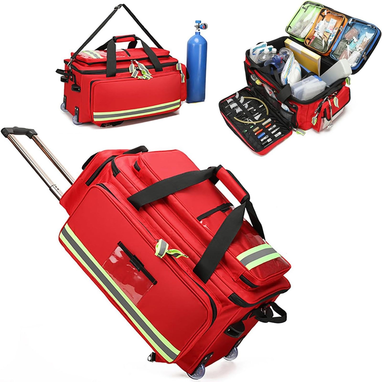 Mochila de primeros auxilios para emergencia, Bolsa Trolley Médica de Gran Capacidad con Ruedas, Bolsa Táctica Médica Portátil, para Camping Senderismo Guardería al Aire Libre(Red)