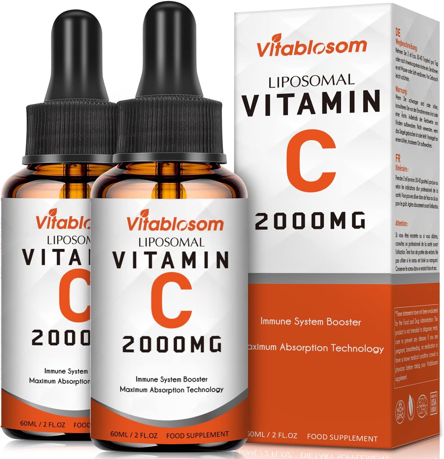 Liposomal Vitamin C 2000mg Liquid for Adults, High Absorption VIT C, Maximize Vitamin C, Immune System & Antioxidant Support, 60ML (2 Bottle)