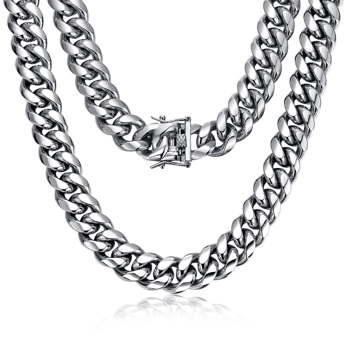 ROWIN&COMiami Cuban Link Chain for Men 15mm Silver Stainless Steel Curb Necklace, Hip Hop Jewelry, Durable & Anti-Tarnish Mens Chain 18" 20" 22" 30" Inch, Pops Gifts For Fathers Boyfriends, Sons