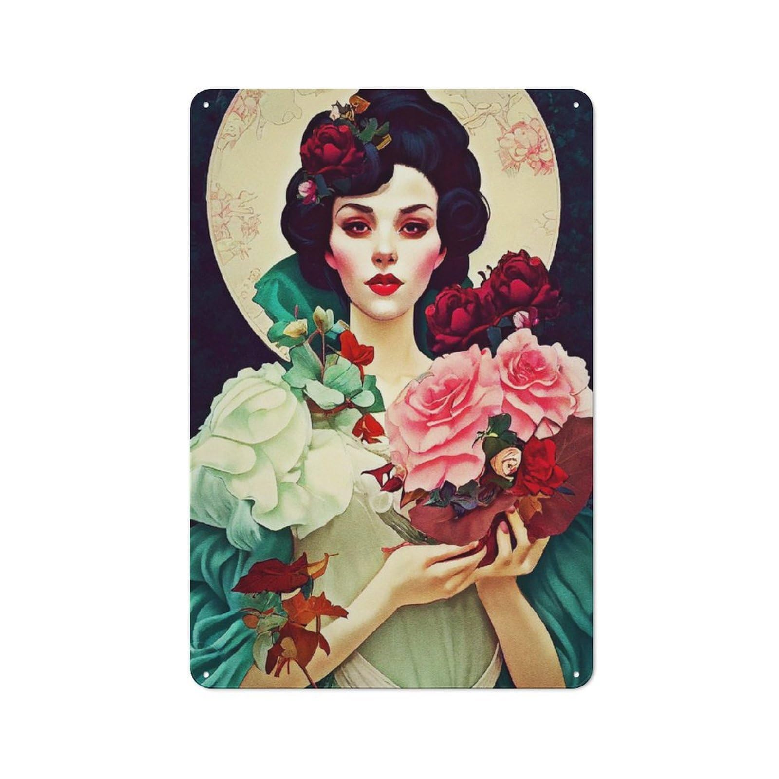 Nostalgic The Girl Flowers Decorative Tin Plaque 30x20cm, Classic Pub Decor for Diner, Restaurant, Shed Or Kitchen