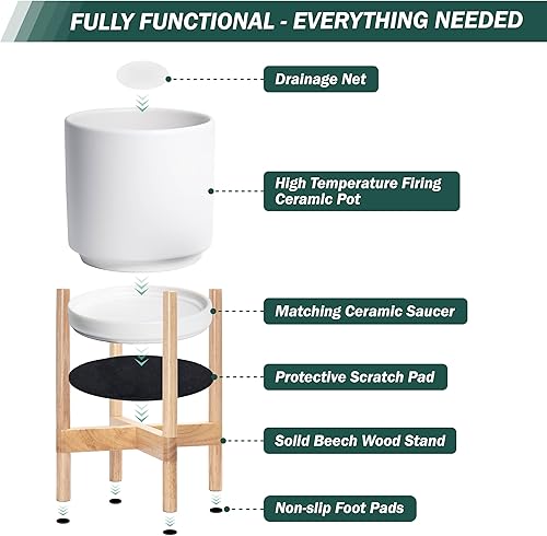 Miniatura 5 de D'vine Dev Maceta de cerámica con soporte natural, maceta redonda moderna de 10 pulgadas con soporte para maceta de madera, color blanco, 55-B-K-1