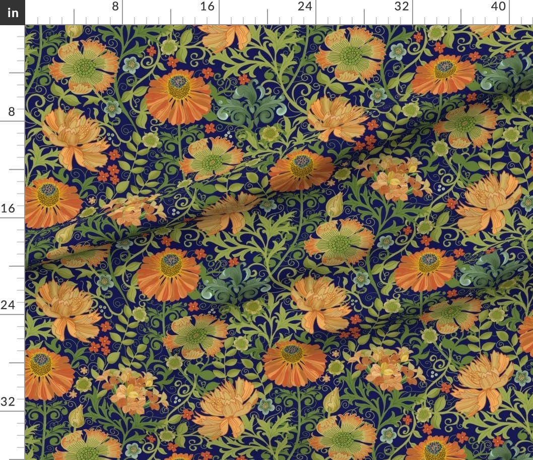 Spoonflower Fabric - Art Nouveau William Morris Orange Green Blue Victorian Antique Vintage Printed on Petal Cotton Fabric Fat Quarter - Sewing Quilting Apparel Crafts Decor