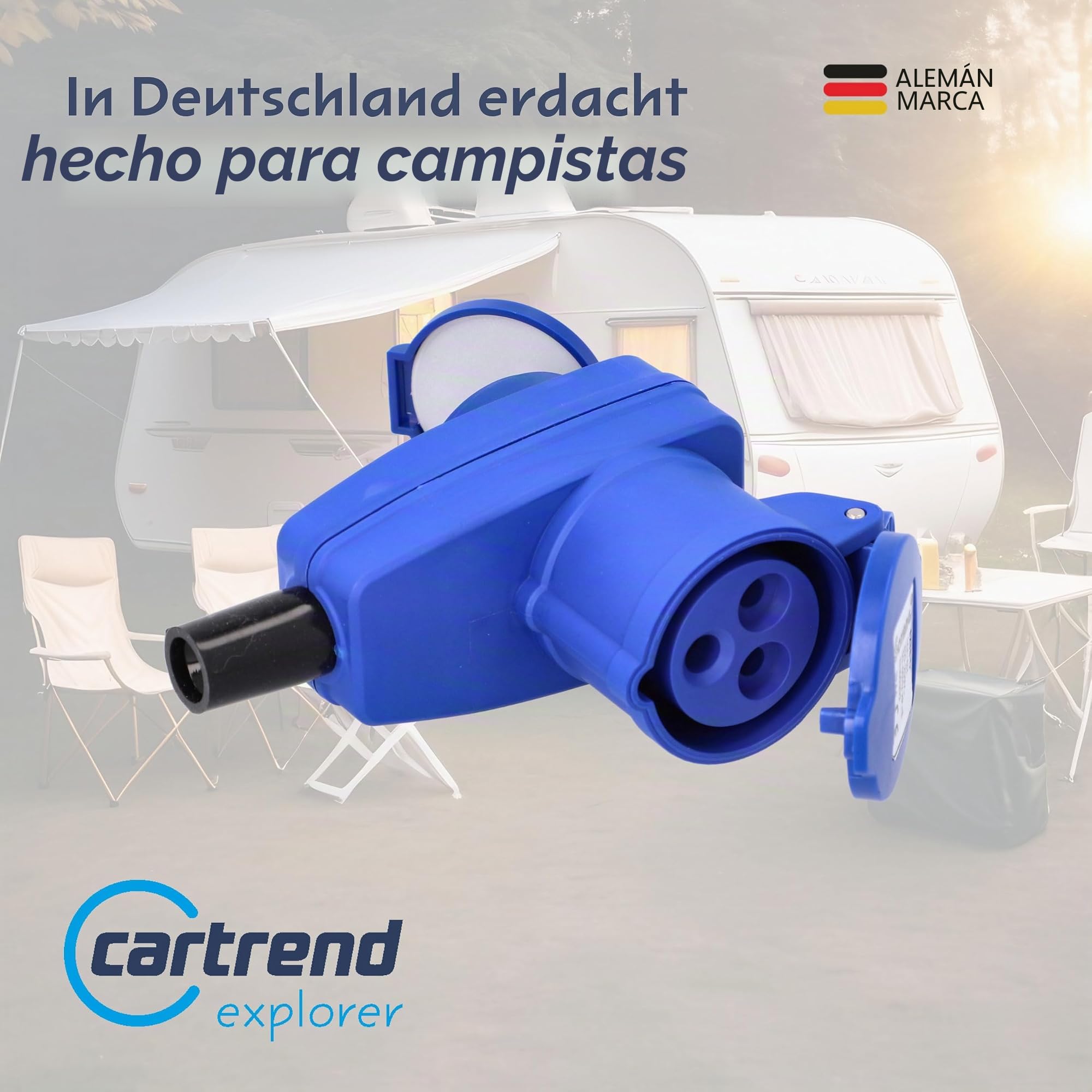 cartrend Explorer CEE - Acoplamiento Angular de 3 Polos y Toma de Corriente con Contacto de protección con Tapa abatible, para Camping, caravanas, autocaravanas, protección contra la Humedad, IP44