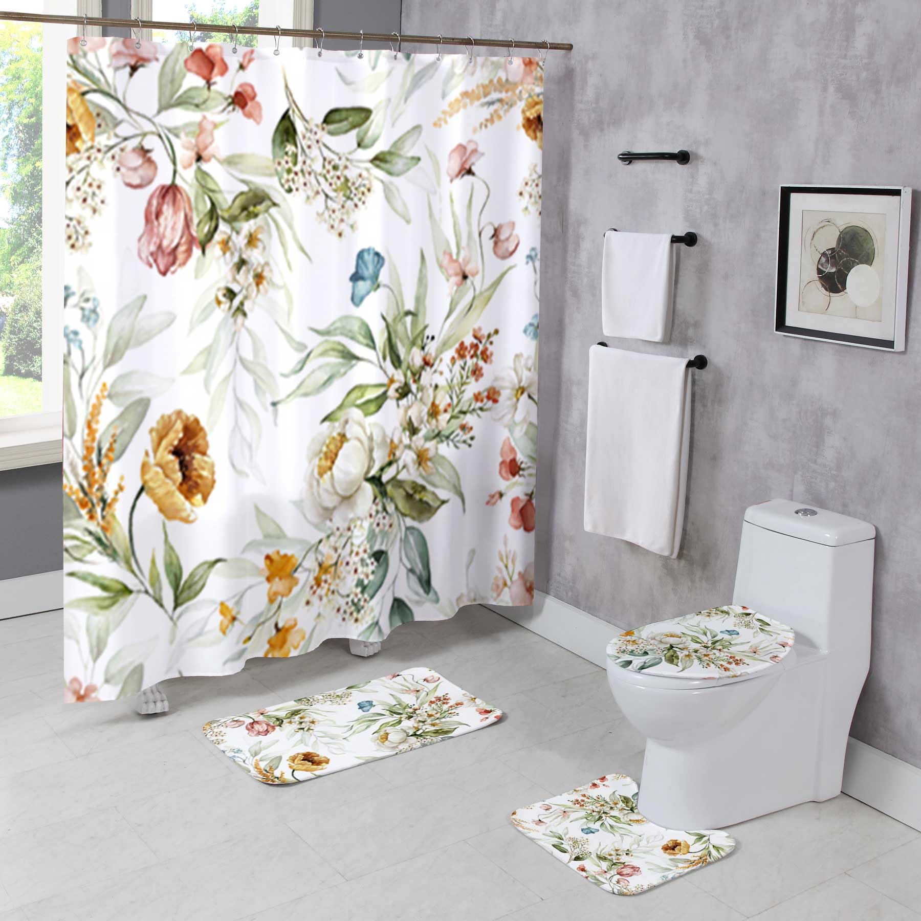Moladika 4 Pcs Watercolor Floral Shower Curtain Sets with Rugs Spring and Summer Flowers Bathroom Set Seamless Home Bath Bathtub Decor Durable