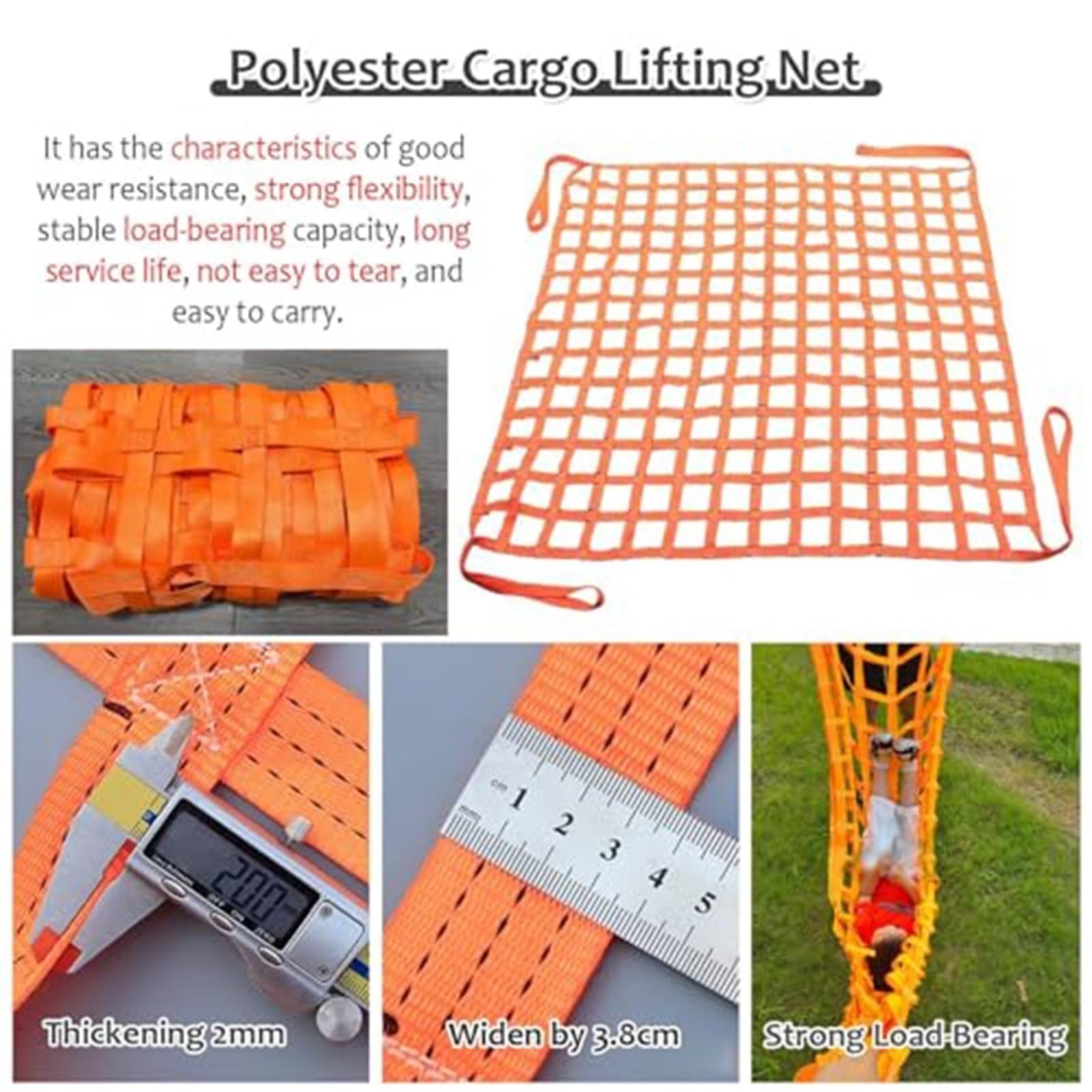 Red de elevación Pesada 2x2m, 0.3-3.5 Ton Capaci.Eslinga de elevación de poliéster C Resistente al desgarro elástico para un Transporte Seguro.Reduce El Trabajo.Diseño Durable de la Correa Plana para
