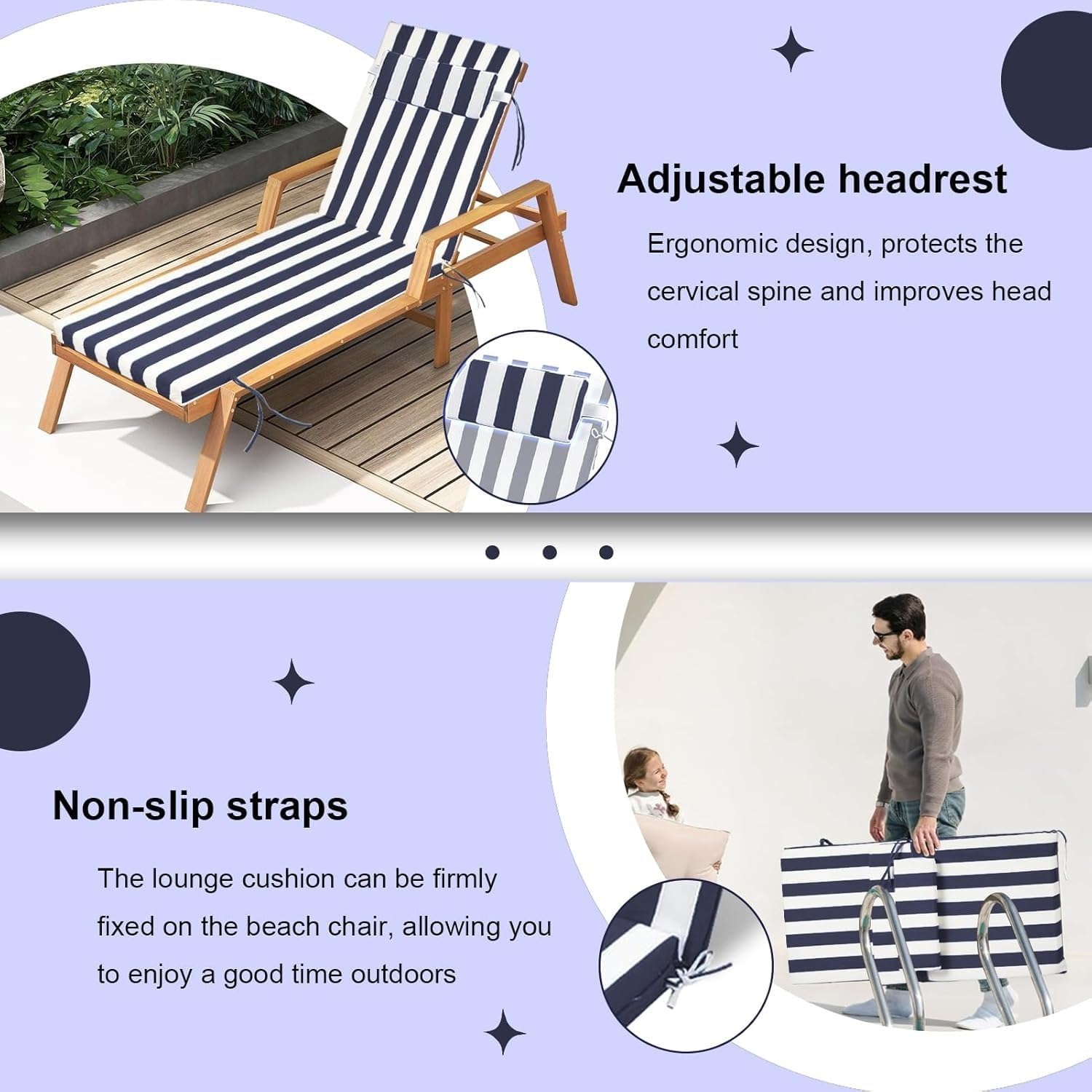 Outdoor Chaise Lounge Cushion with Headrest, 3" Thick 25D High Density Foam Replacement Pad,Waterproof Non-Slip for Lawn Poo(Blue White Stripes)