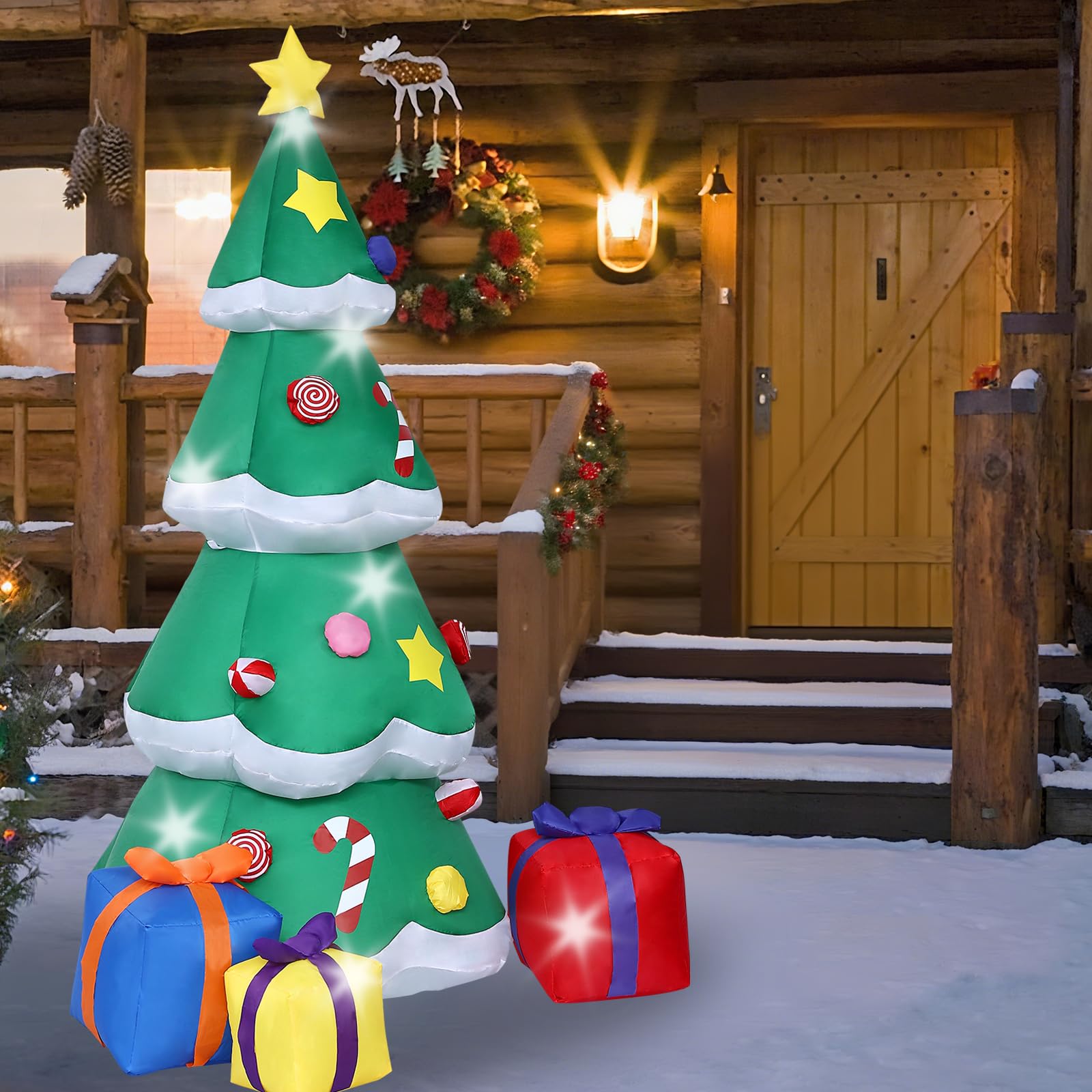 OHMG 2,1 m Decorazione natalizia per esterni, gonfiabile, con luci a LED, albero gonfiabile, con sacchetto regalo, gonfiabile, per giardino, prato, terrazza, festa