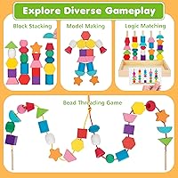 Vista 4 de KIZZYEA Montessori Toys for 2 3 4 5 Year Old Toddler, Wooden Beads Sequencing Toy, Lacing Beads, Stacking Block & Shape Stacker Toy