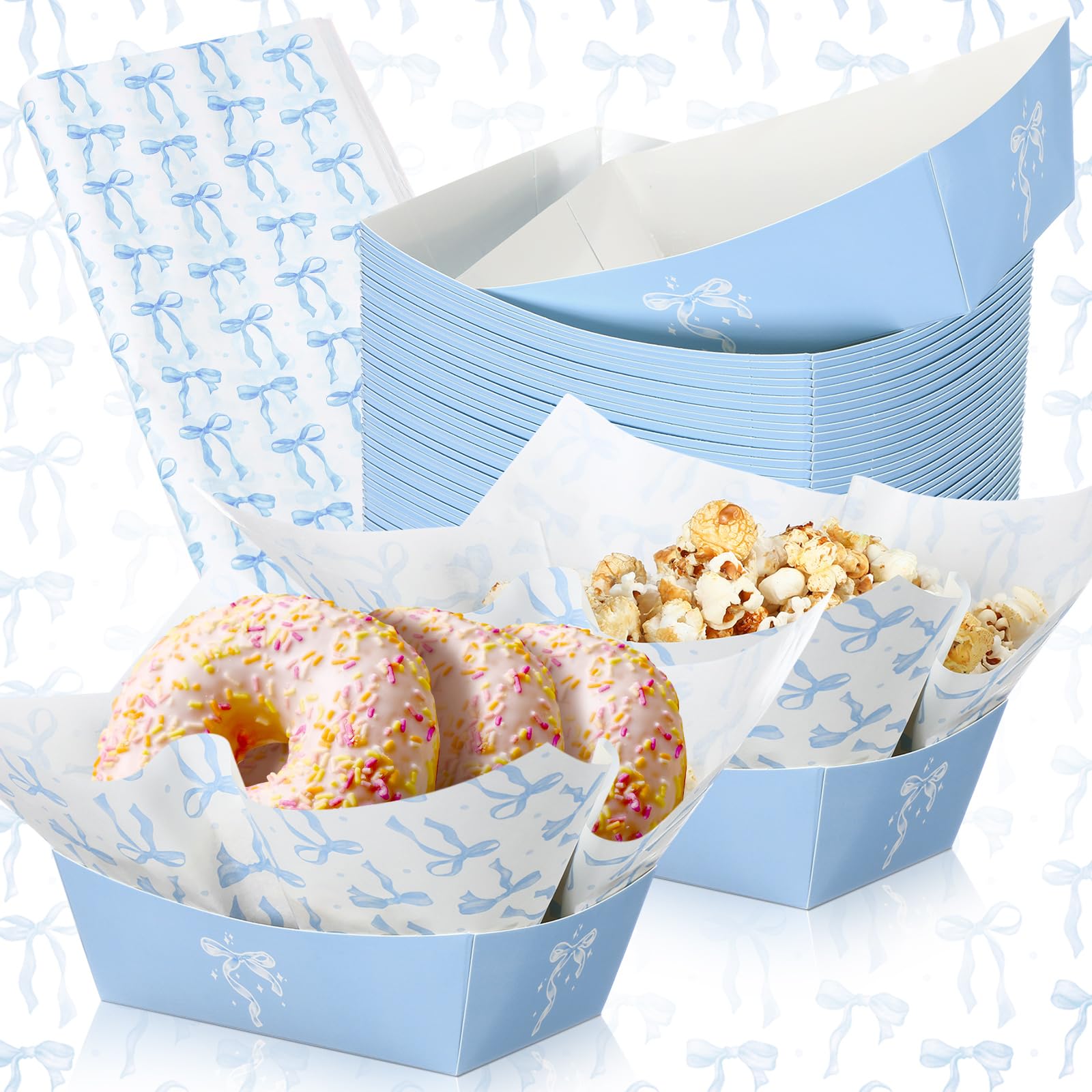 Plateaux alimentaires jetables Geosar bleus en papier avec nœud pour déco anniversaire x100