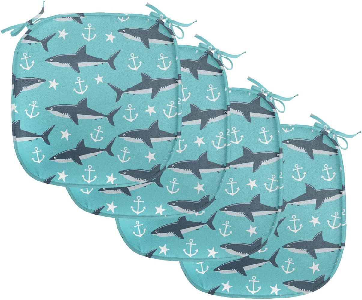 Lunarable Blue Nautical Chair Seating Cushion Set of 4, Demonstration of Shark Star and Anchor Silhouettes Sea Animal, Anti-Slip Seat Padding for Kitchen & Patio, 16"x16", Turquoise Dark Blue