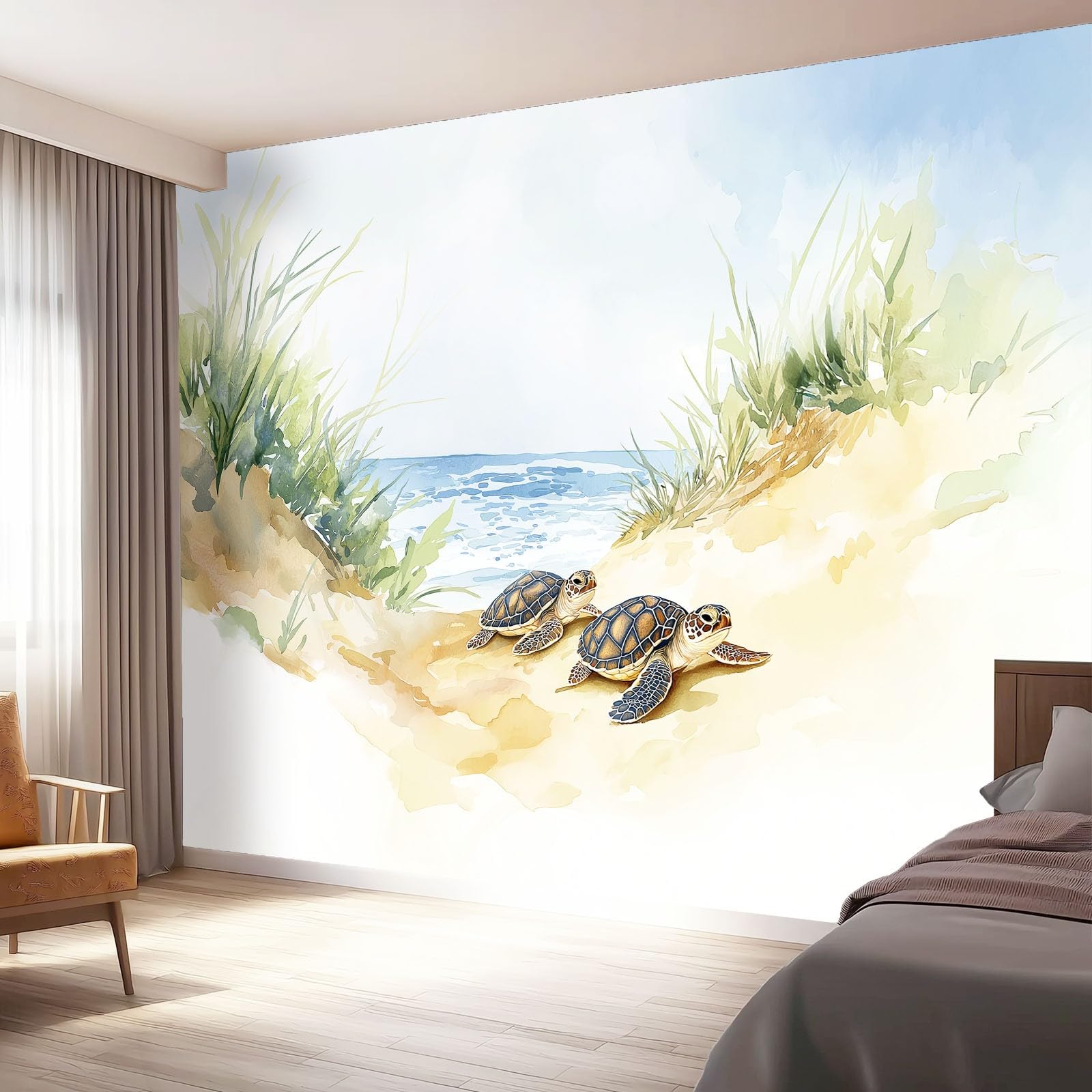 Décor intissé bébé tortue aquarelle pour créer un cocon doux aux tons bleu