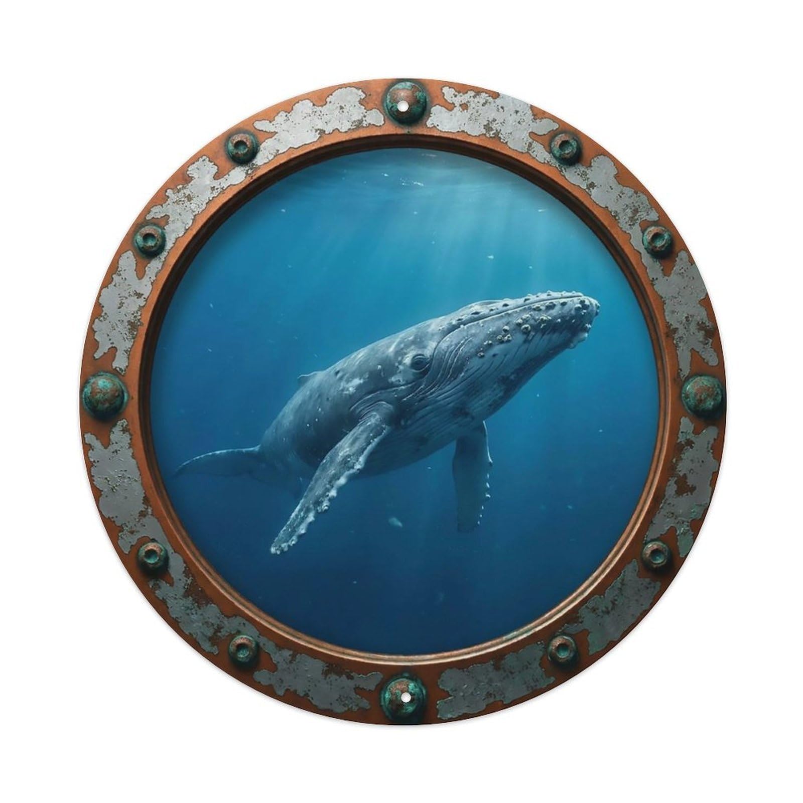 Odgynaw 8X8inch(20X20cm) Vintage Porthole Gray Whale Nautical Window View Metal Tin Sign