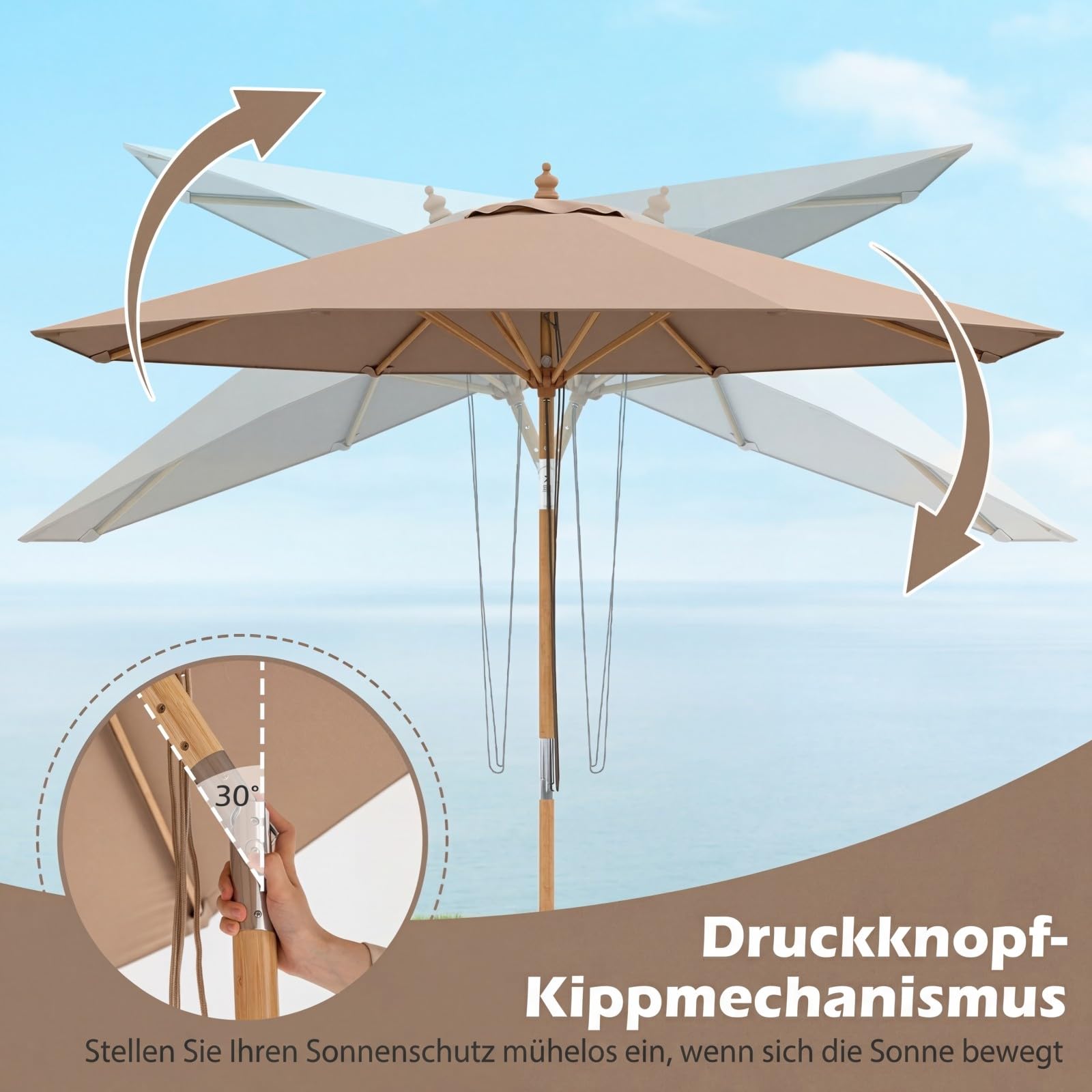 COSTWAY Sonnenschirm 270 cm, Gartenschirm aus Holz, beidseitig um 30° knickbar, Balkonschirm, Terrassenschirm, Sonnenschutz, Marktschirm für Garten, Balkon, Terrasse (Khaki Tan)