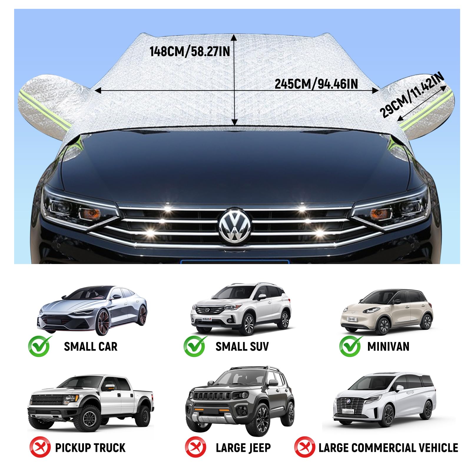 auvstar Protege Pare Brise Hiver,Couverture Pare-Brise Voiture,Protection Repliable Universelle Anti Givre et Neige UV Soleil Poussière Pluie,Bâche Pare Brise pour Voiture SUV（245×148cm）