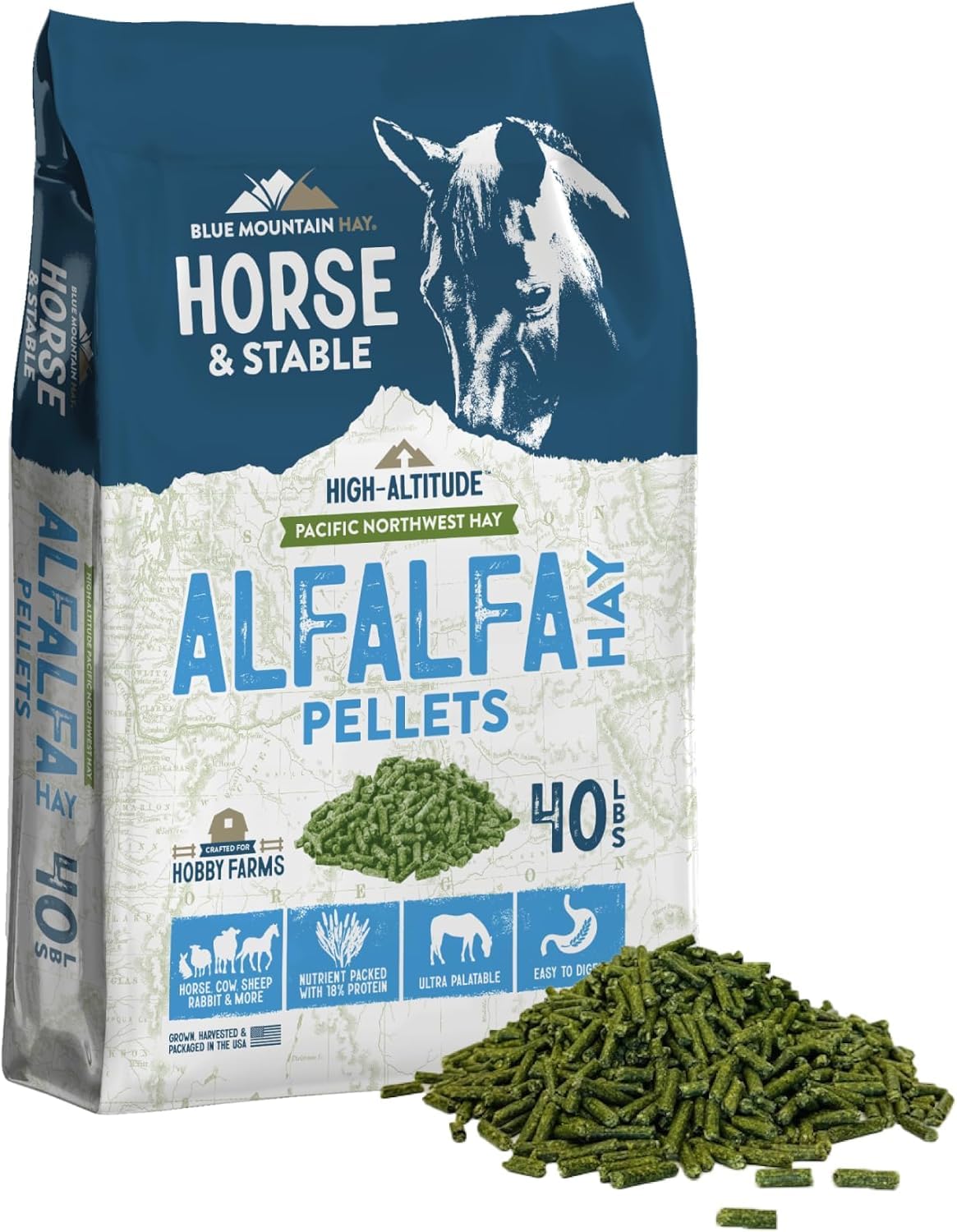 Blue Mountain Hay Alfalfa Heupellets in hoher Höhe (18 kg), Ultra Premium Nährstoffdichtes Futter, klein, schnell einweichen, staubarme Pellets, einfach zu messen, automatische Futterautomatik