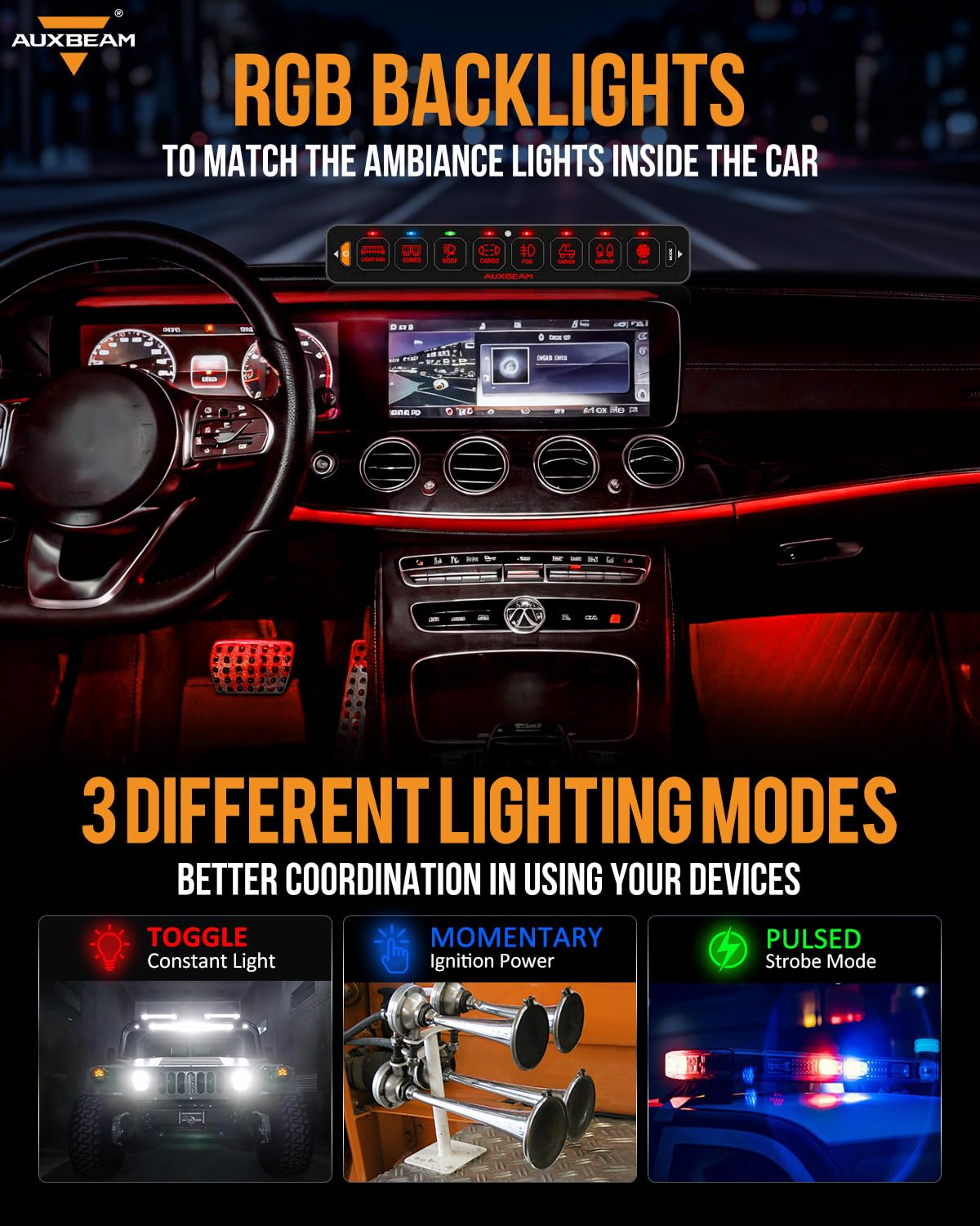 Auxbeam Pannello di commutazione sottile a 8 bande Bluetooth RGB AS-800 con APP e telecomando Toggle Interruttore pulsato momentaneo Pod Off Retroilluminazione per camion fuoristrada UTV ATV Auto