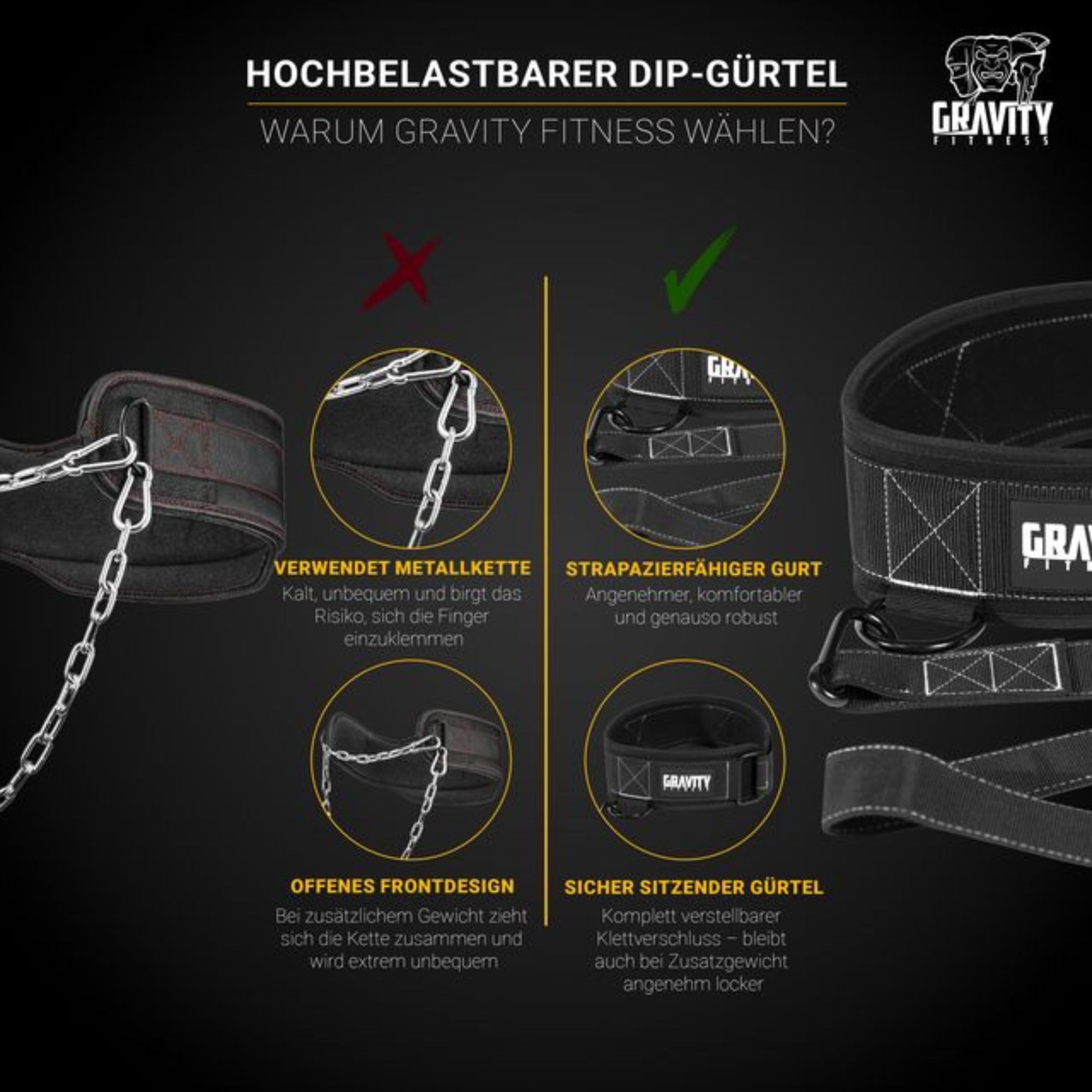 Gravity Fitness 4-in-1 Gewichthebergürtel für Fitness & Calisthenics – Schwerer Dip Gürtel aus Nylon für Kniebeugen, Klimmzüge, Sled Pull, Krafttraining, Widerstandstraining