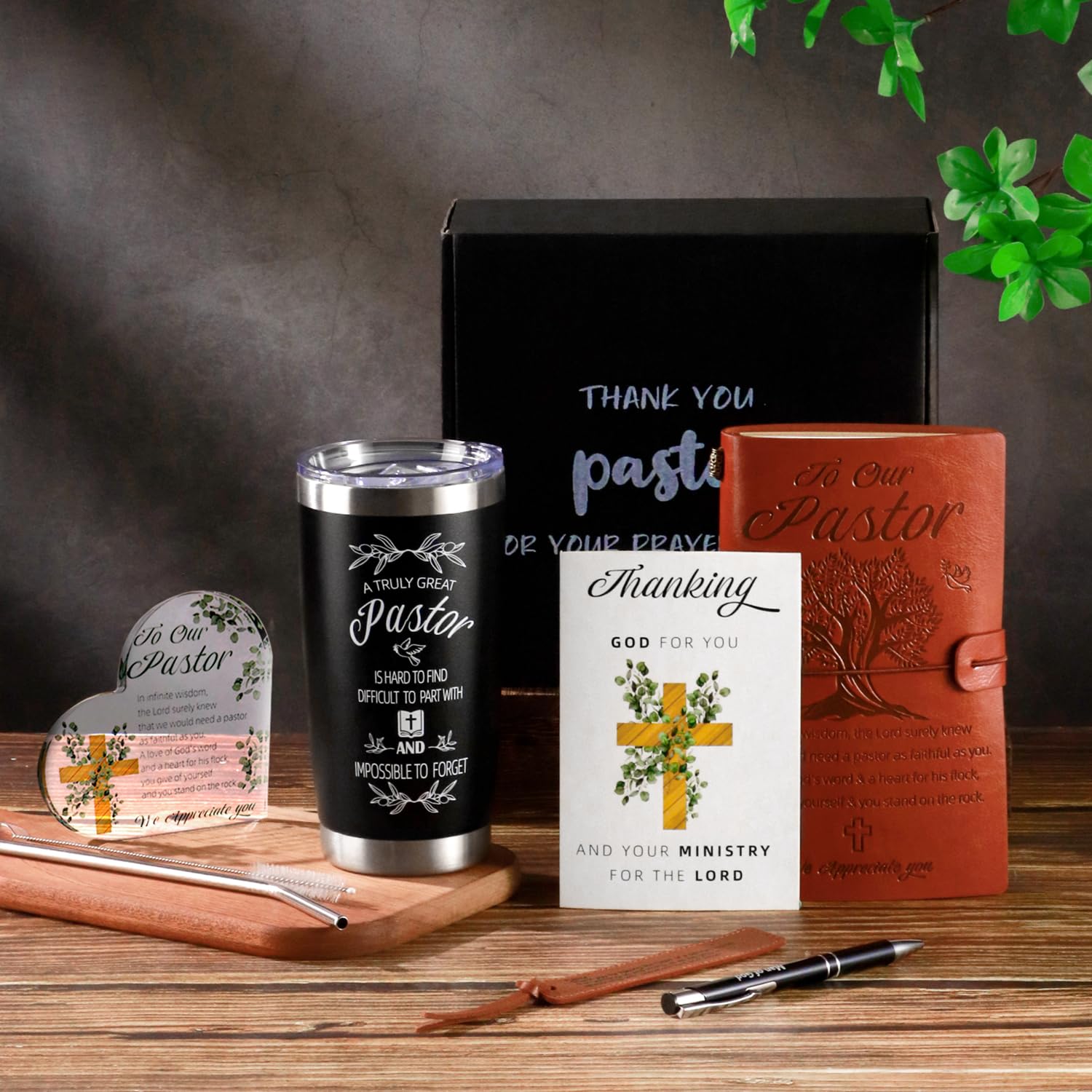 Splandiant Pastor Gifts, Pastors Appreciation Gifts 7pcs Set For Men, 20oz Tumbler Leather Journal Cards Signs Pen Bookmark for Christian Christmas